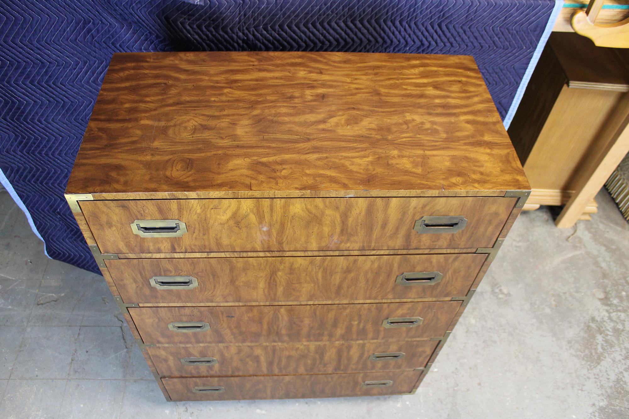 Brass 1975 Dixie Campaigner Walnut Highboy Chest of Drawers Campaign Dresser MCM 545