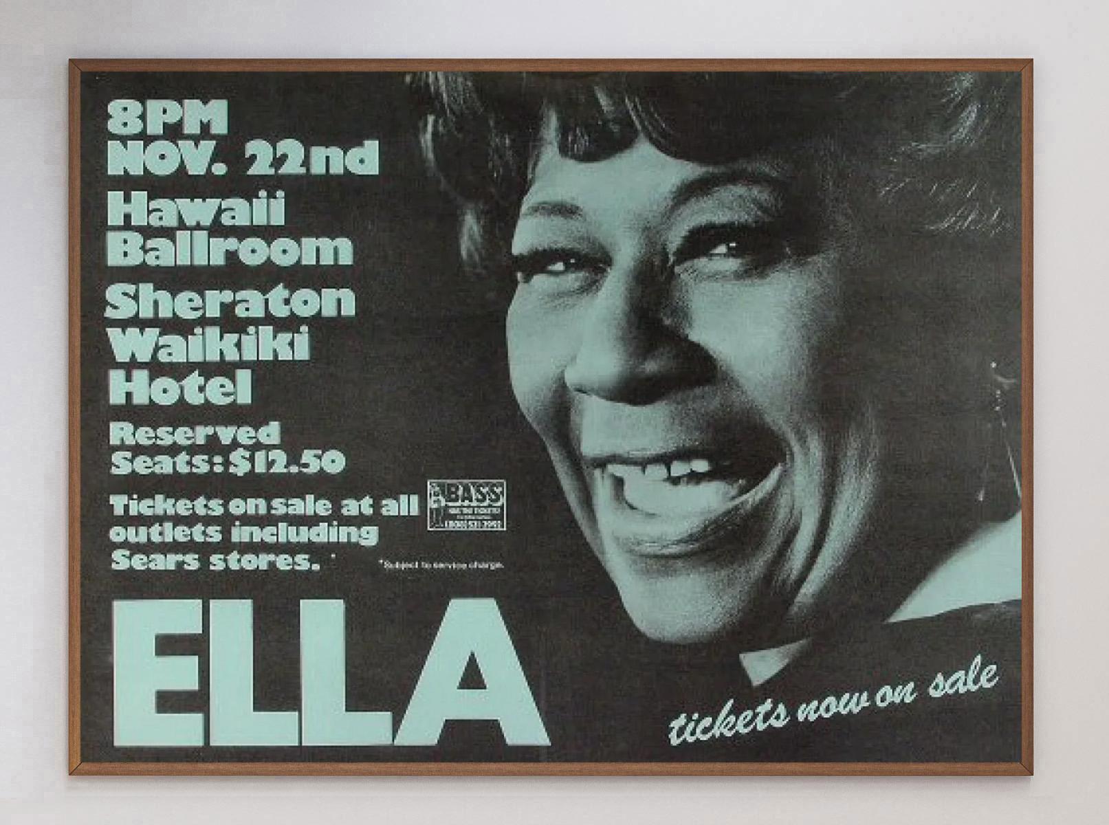 Wonderful poster promoting a concert of the great Ella Fitzgerald at the Hawaii Ballroom in Honolulu, Hawaii in 1975. Regarded by many as one of the greatest singers of all time, 