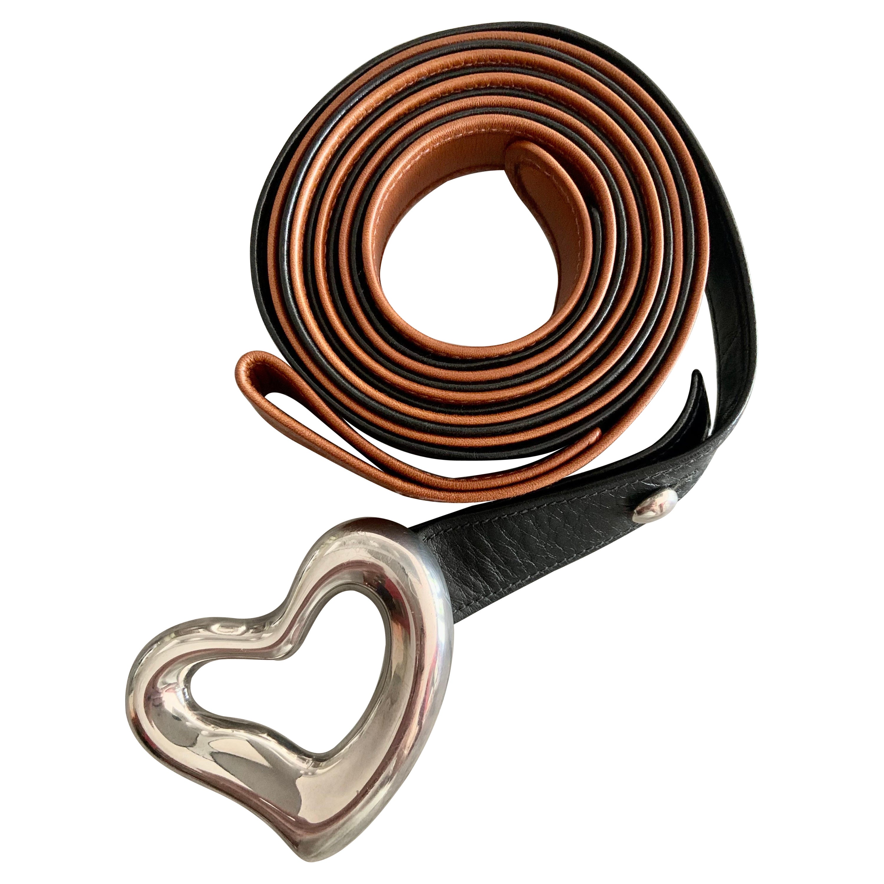 1975 Elsa Peretti Sterling Heart Buckle with Black and Brown Leather Belts