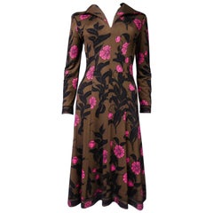 1975 Emilio Pucci Vintage Brown Silk Jersey Dress with Floral Print