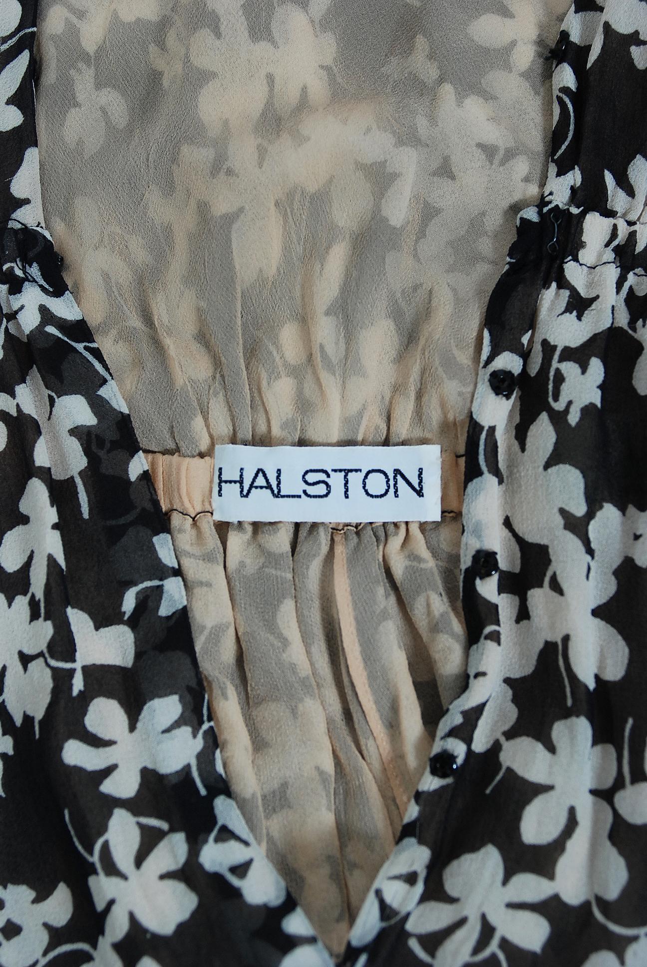 Vintage 1975 Halston Couture Documented Black & Ivory Clover Print Silk Jumpsuit 4