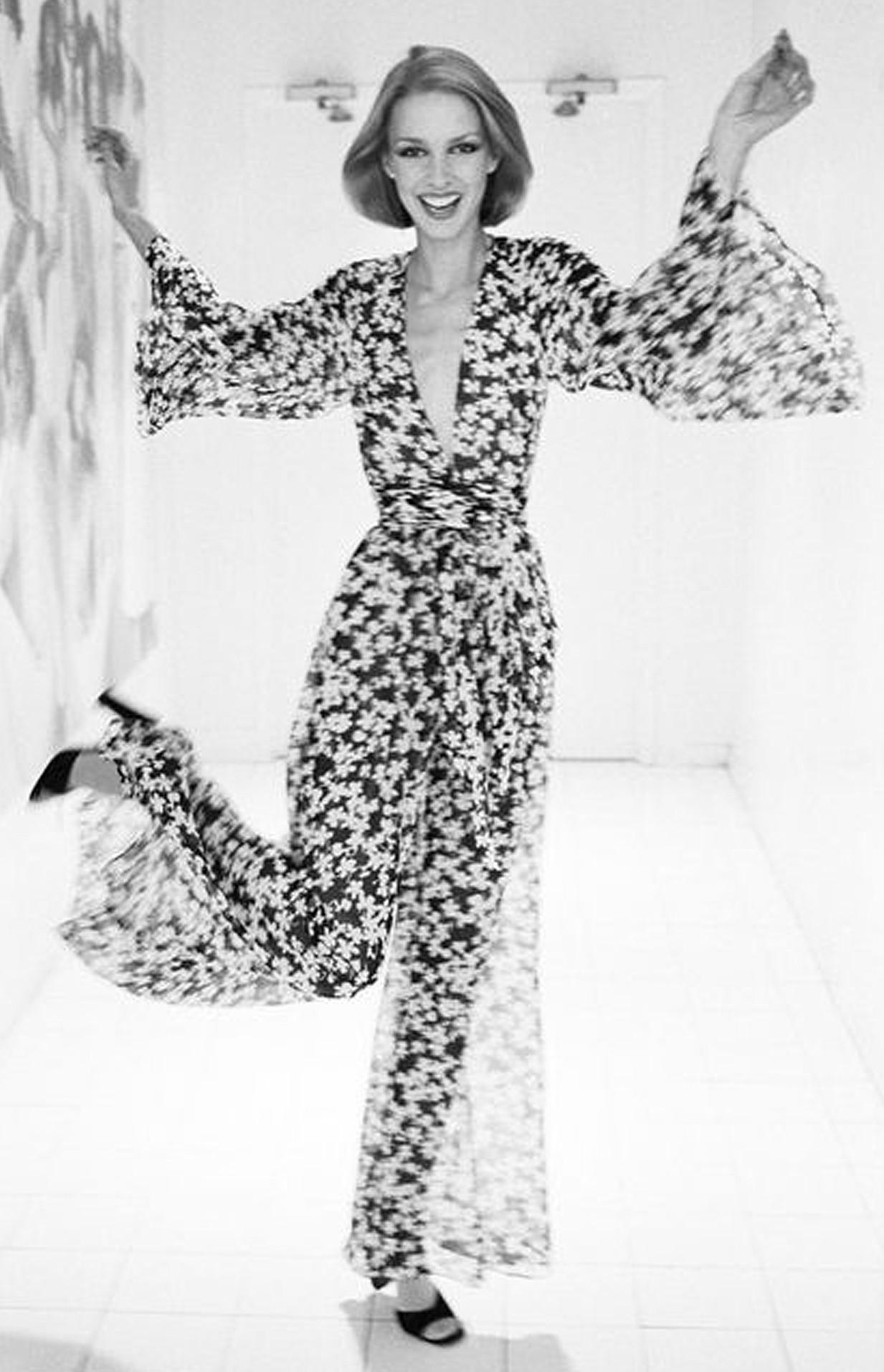 Gorgeous Halston Couture black and beige clover print silk chiffon jumpsuit dating back to the mid 1970's. Halston revolutionized the way women dress and is one of the few designers, alongside Claire McCardell and Norman Norell, to define what is