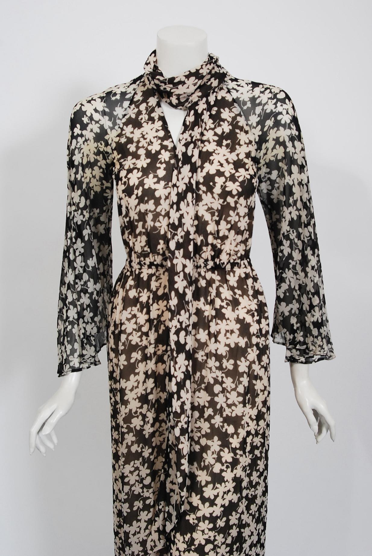 Vintage 1975 Halston Couture Documented Black & Ivory Clover Print Silk Jumpsuit In Good Condition In Beverly Hills, CA
