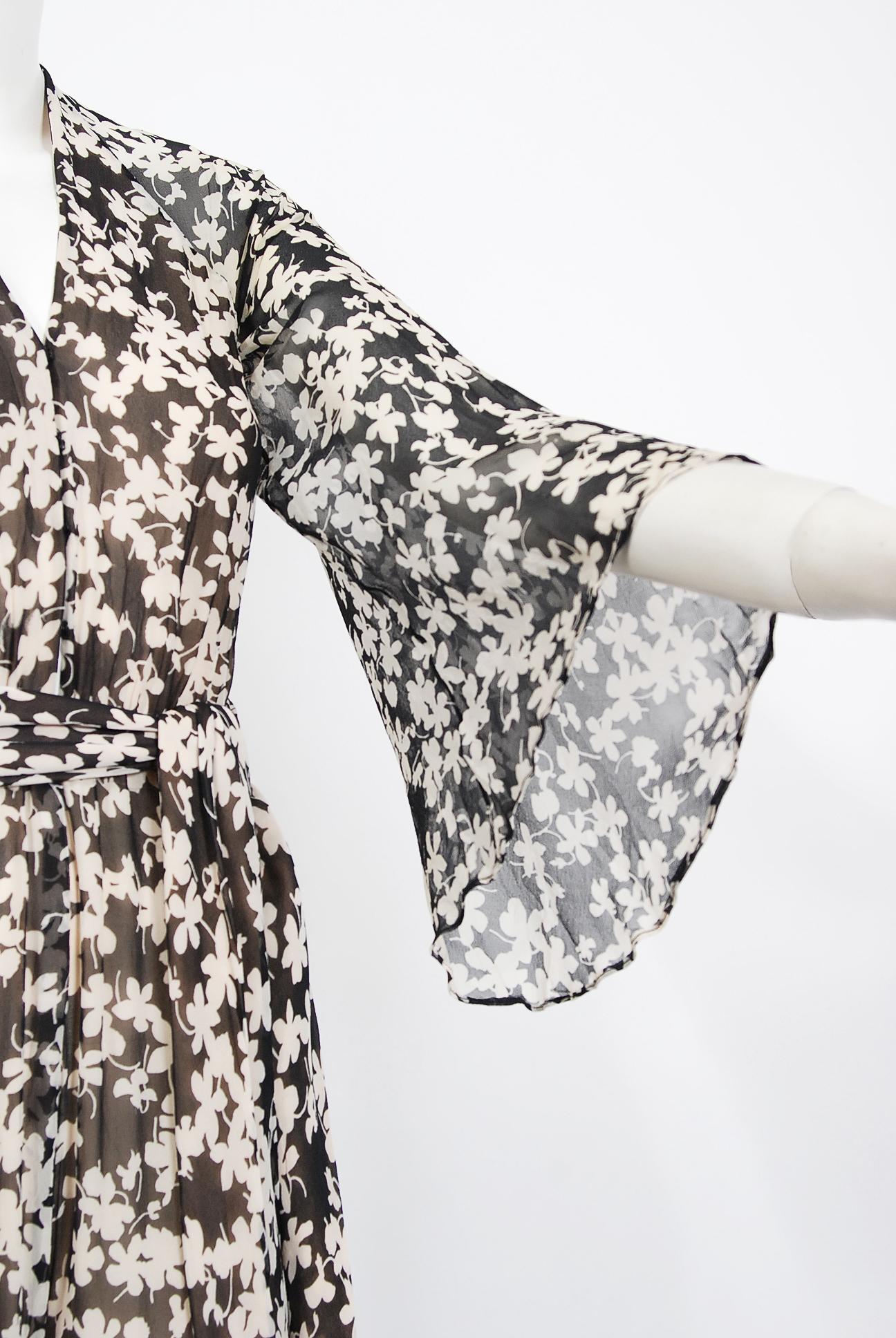 Women's Vintage 1975 Halston Couture Documented Black & Ivory Clover Print Silk Jumpsuit
