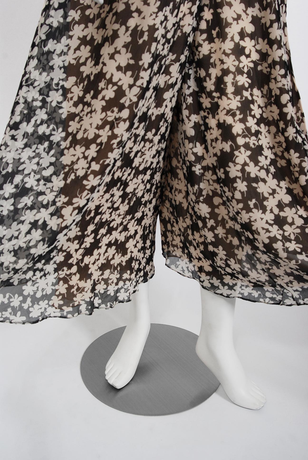 Vintage 1975 Halston Couture Documented Black & Ivory Clover Print Silk Jumpsuit 2