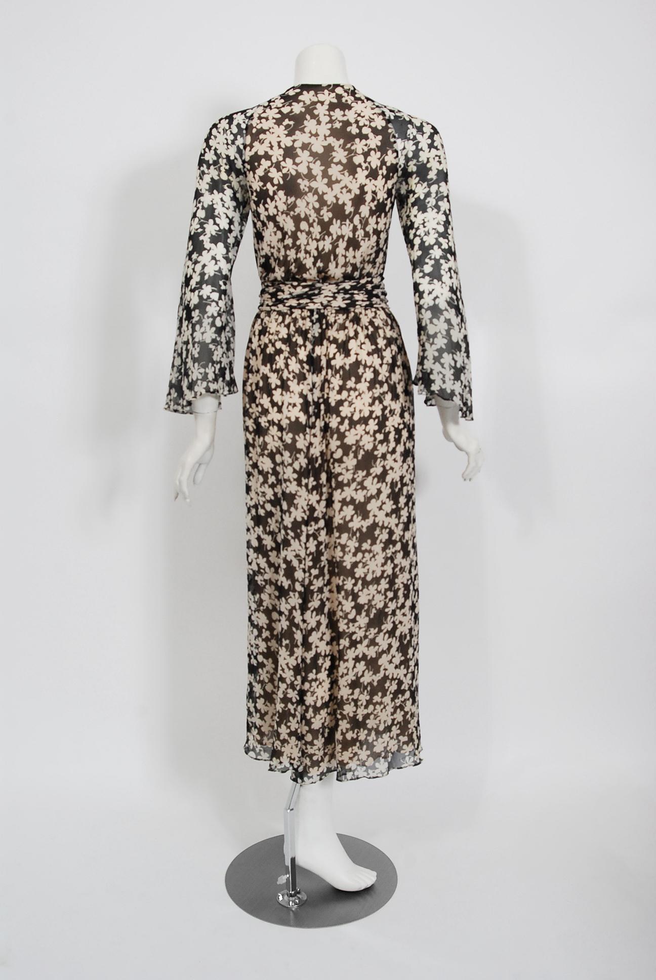 Vintage 1975 Halston Couture Documented Black & Ivory Clover Print Silk Jumpsuit 3