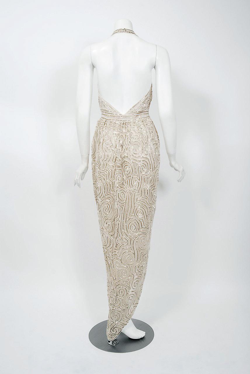 1975 Halston Couture Ivory Pearl Beaded Swirl Silk Halter Backless Wrap Gown 5