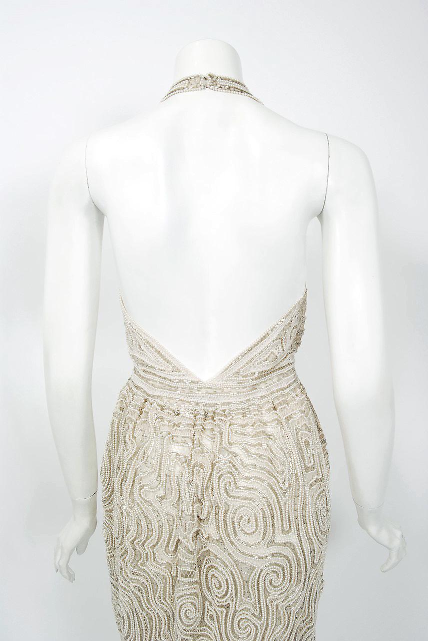 1975 Halston Couture Ivory Pearl Beaded Swirl Silk Halter Backless Wrap Gown 6