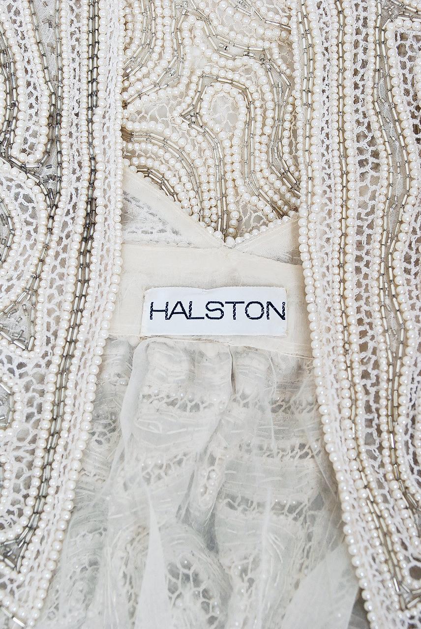 1975 Halston Couture Ivory Pearl Beaded Swirl Silk Halter Backless Wrap Gown 7