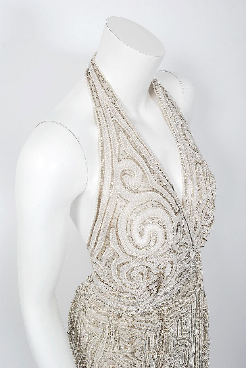 1975 Halston Couture Ivory Pearl Beaded Swirl Silk Halter Backless Wrap Gown 1