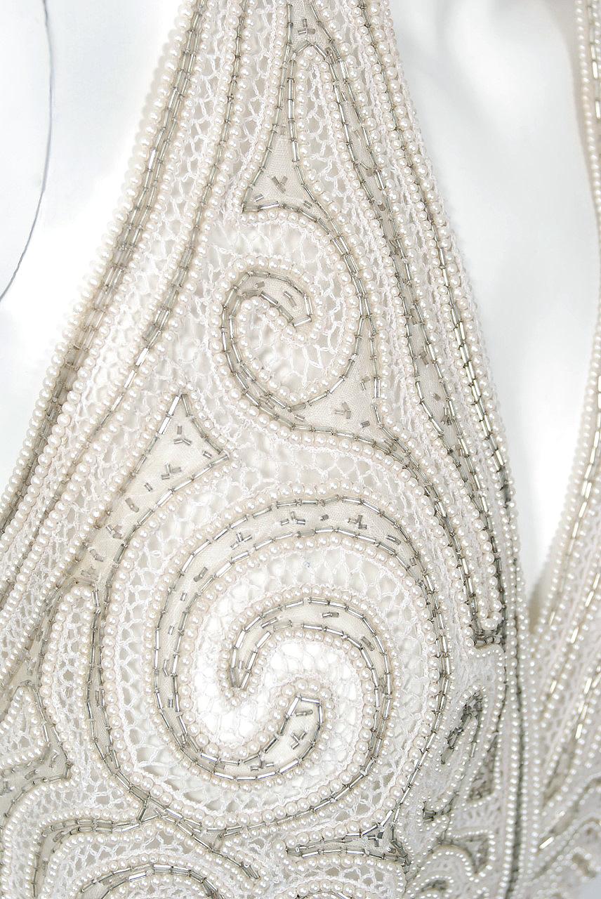 1975 Halston Couture Ivory Pearl Beaded Swirl Silk Halter Backless Wrap Gown 2