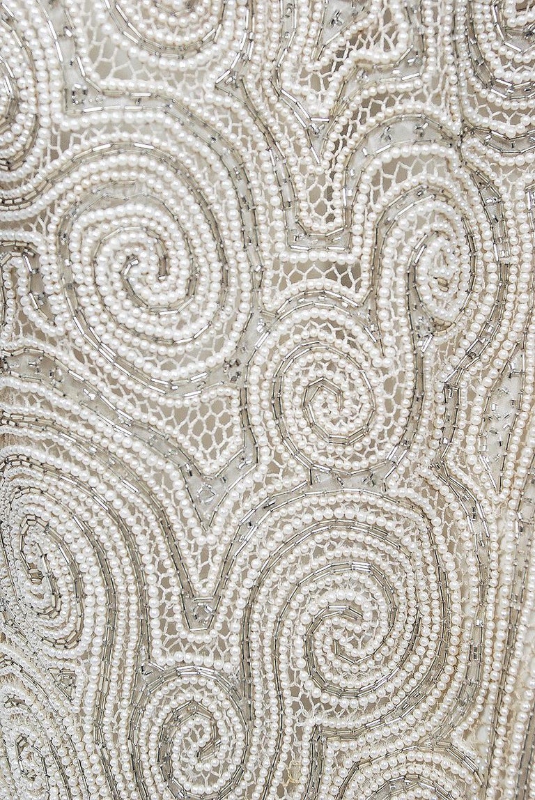 Documented 1981 Halston Silver Beaded & Pearl Grey Silk Net Couture Jacket