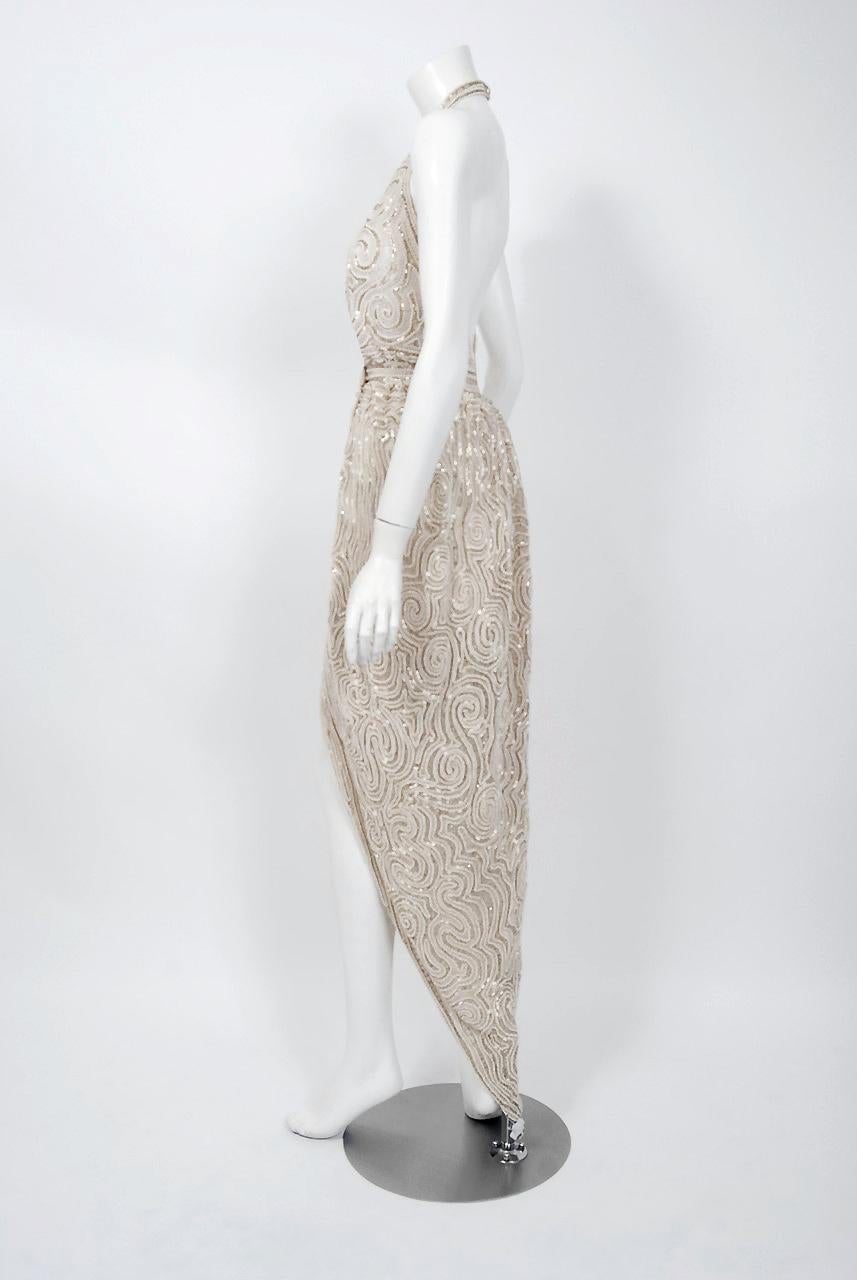 1975 Halston Couture Ivory Pearl Beaded Swirl Silk Halter Backless Wrap Gown 4
