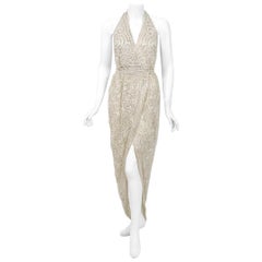 1975 Halston Couture Ivory Pearl Beaded Swirl Silk Halter Backless Wrap Gown