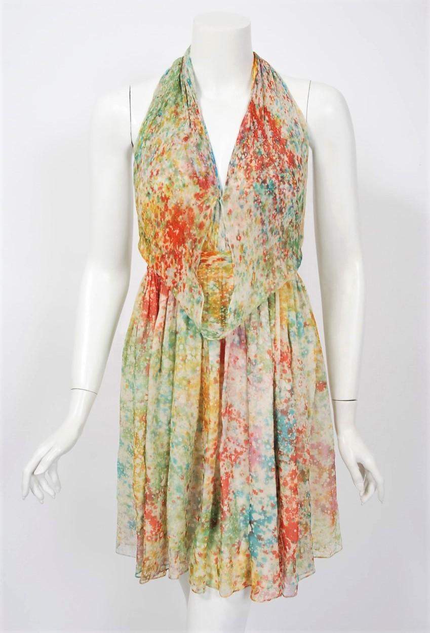 Gorgeous and rare Halston designer watercolor tie-dye silk chiffon halter dress. Halston's handpainted series from the early 1970's was produced by famed textile house Up Tied. Up Tied was an American textile house specialising in tie-dyed fabrics