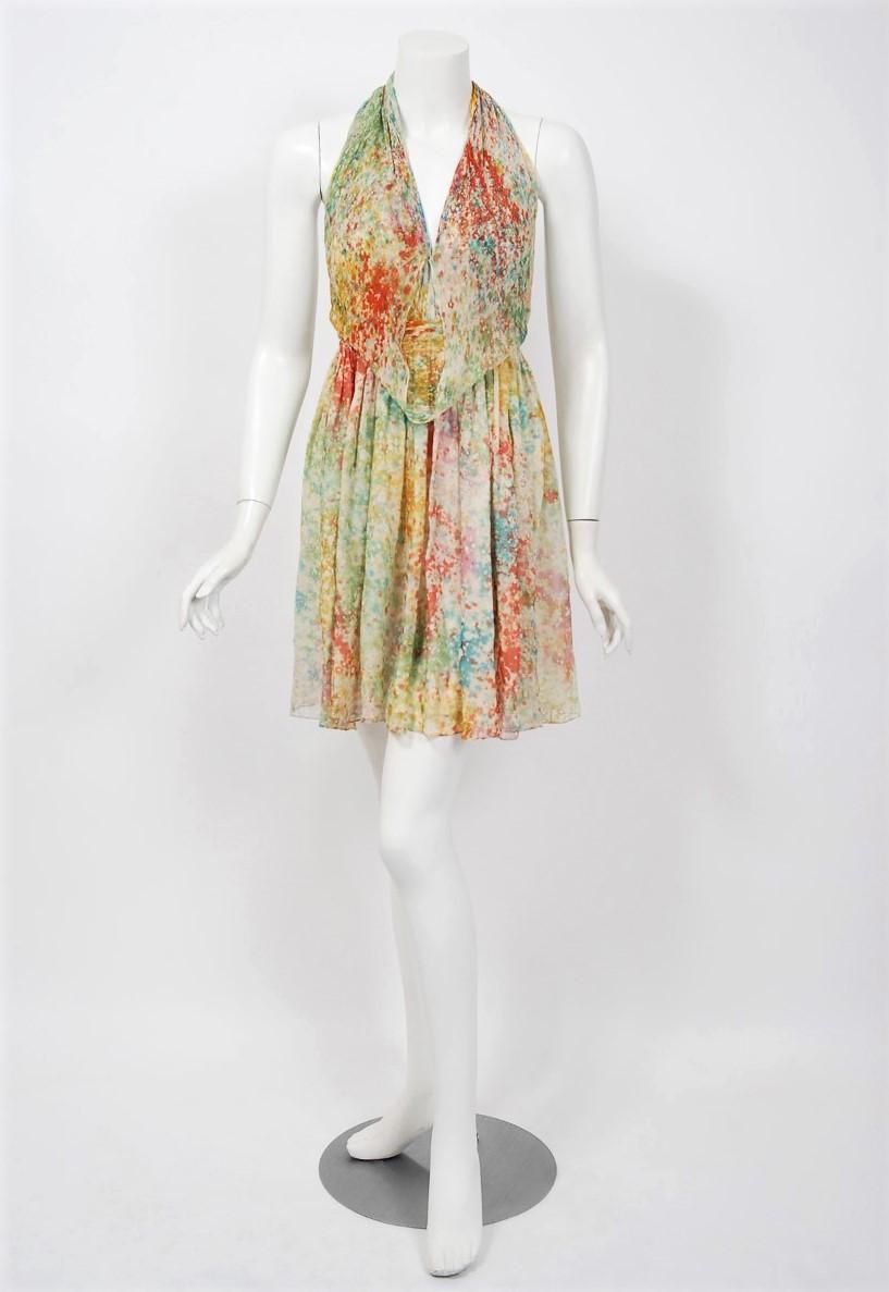 Beige 1972 Halston Couture Watercolor Print Silk Backless Draped Halter Mini Dress