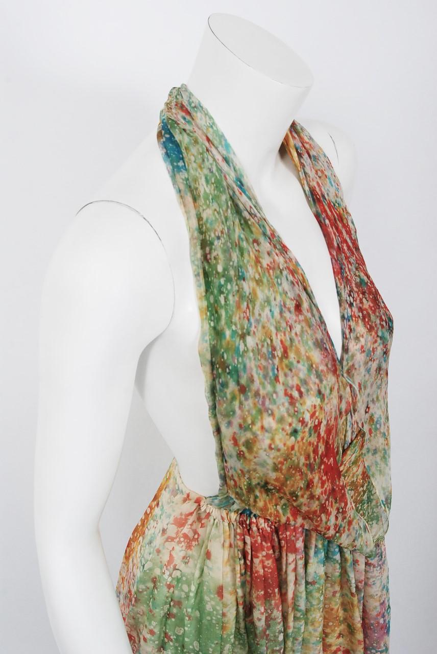 1972 Halston Couture Watercolor Print Silk Backless Draped Halter Mini Dress In Excellent Condition In Beverly Hills, CA