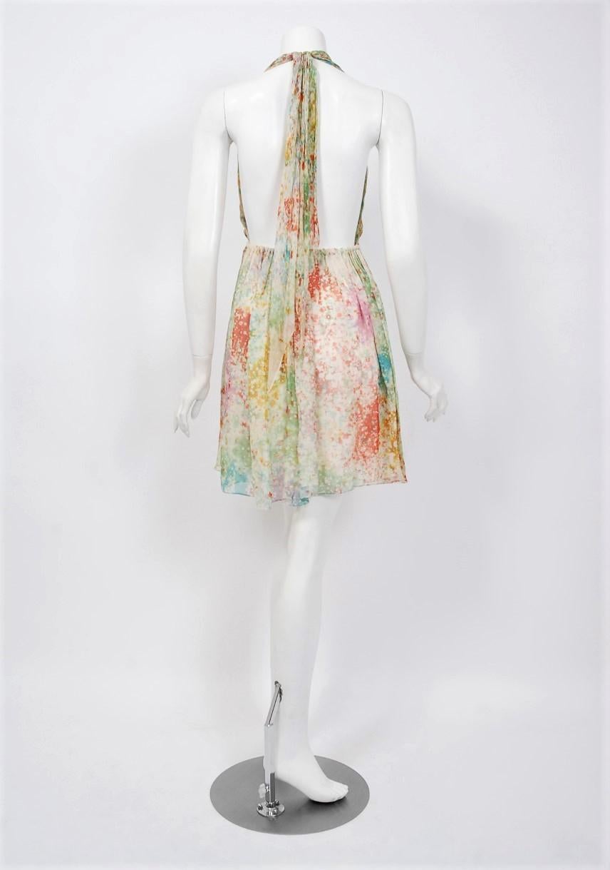1972 Halston Couture Watercolor Print Silk Backless Draped Halter Mini Dress 1