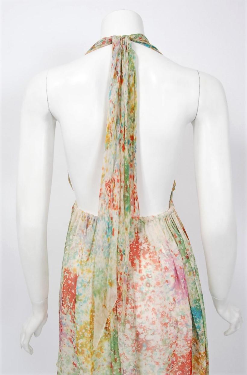 1972 Halston Couture Watercolor Print Silk Backless Draped Halter Mini Dress 2