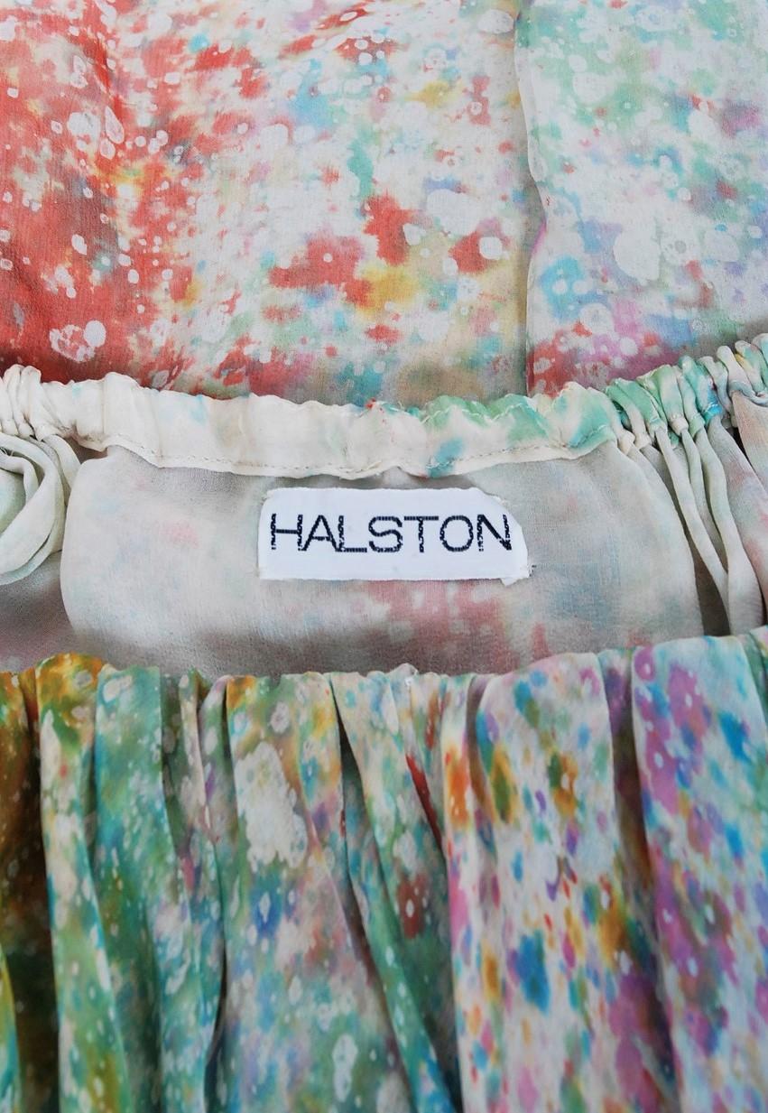 1972 Halston Couture Watercolor Print Silk Backless Draped Halter Mini Dress 3