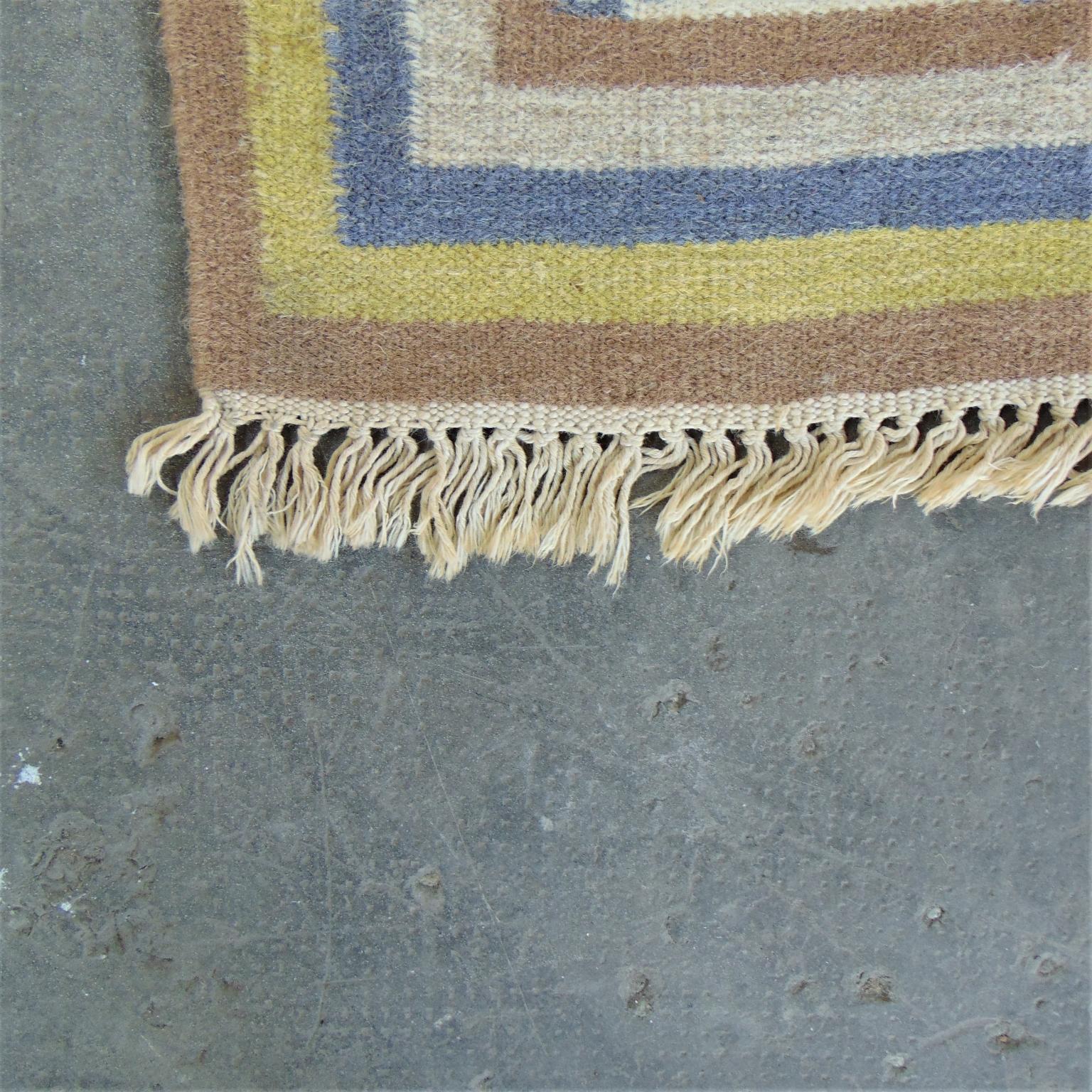 1975 Handwoven Kilim Vintage Indian Rug Blue Brown Yellow Ivory Background India For Sale 5