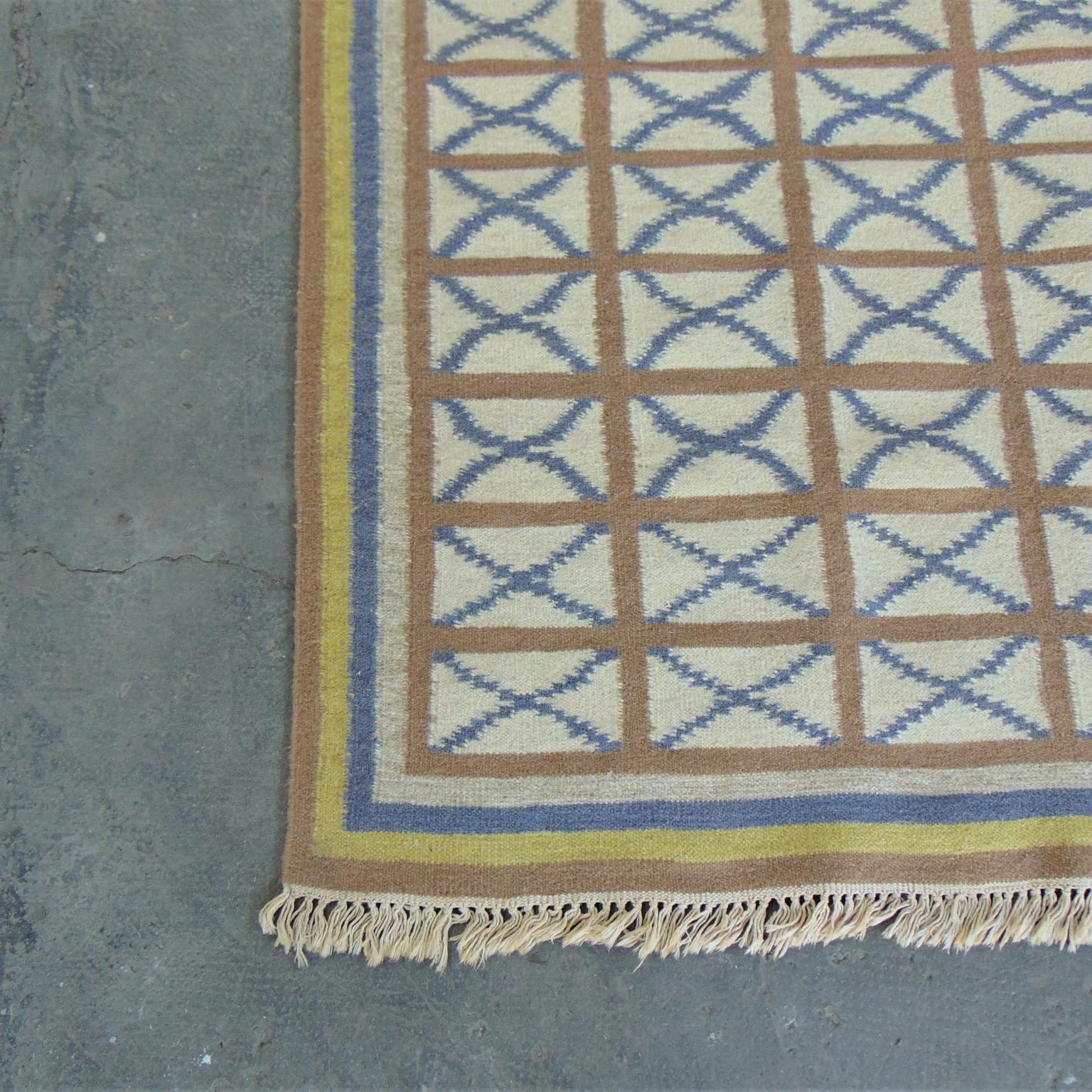 Hand-Woven 1975 Handwoven Kilim Vintage Indian Rug Blue Brown Yellow Ivory Background India For Sale