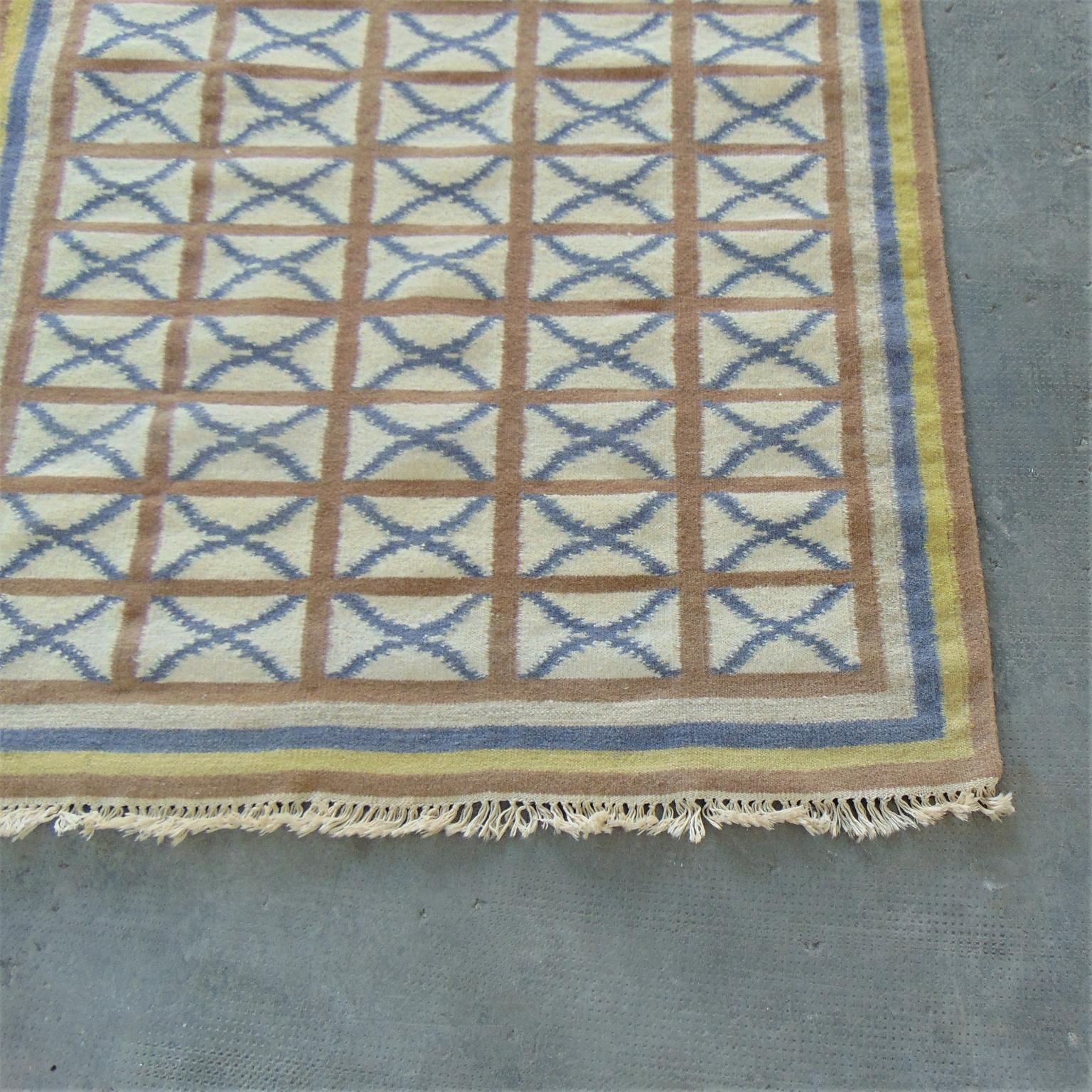 Wool 1975 Handwoven Kilim Vintage Indian Rug Blue Brown Yellow Ivory Background India For Sale