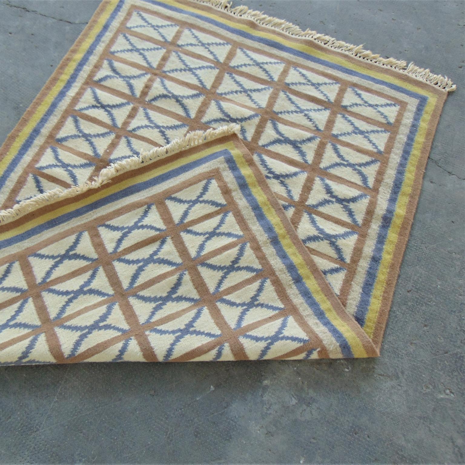 1975 Handwoven Kilim Vintage Indian Rug Blue Brown Yellow Ivory Background India For Sale 1