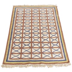 1975 Handwoven Kilim Vintage Indian Rug Blue Brown Yellow Ivory Background India