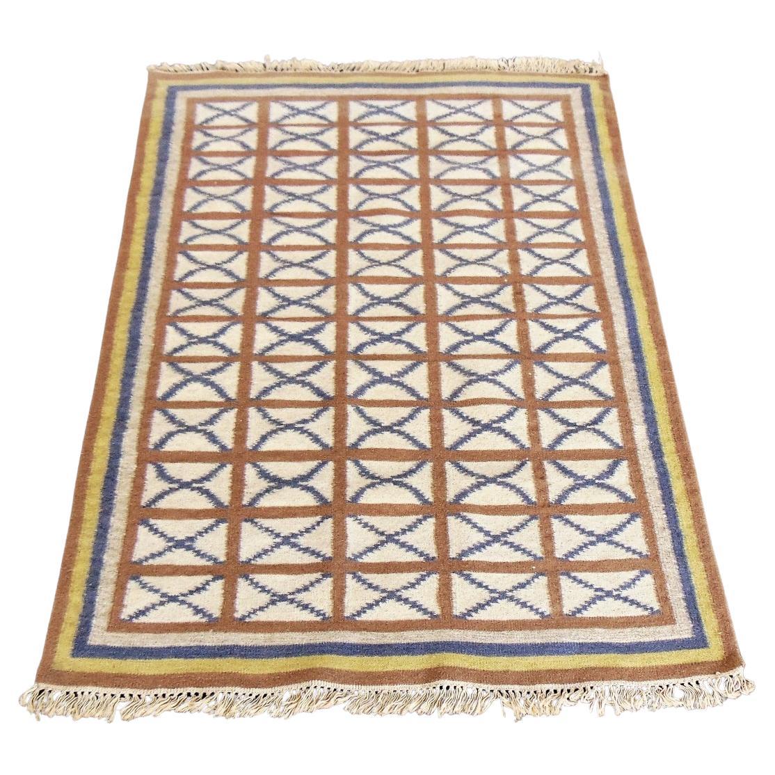 1975 Handwoven Kilim Vintage Indian Rug Blue Brown Yellow Ivory Background India For Sale