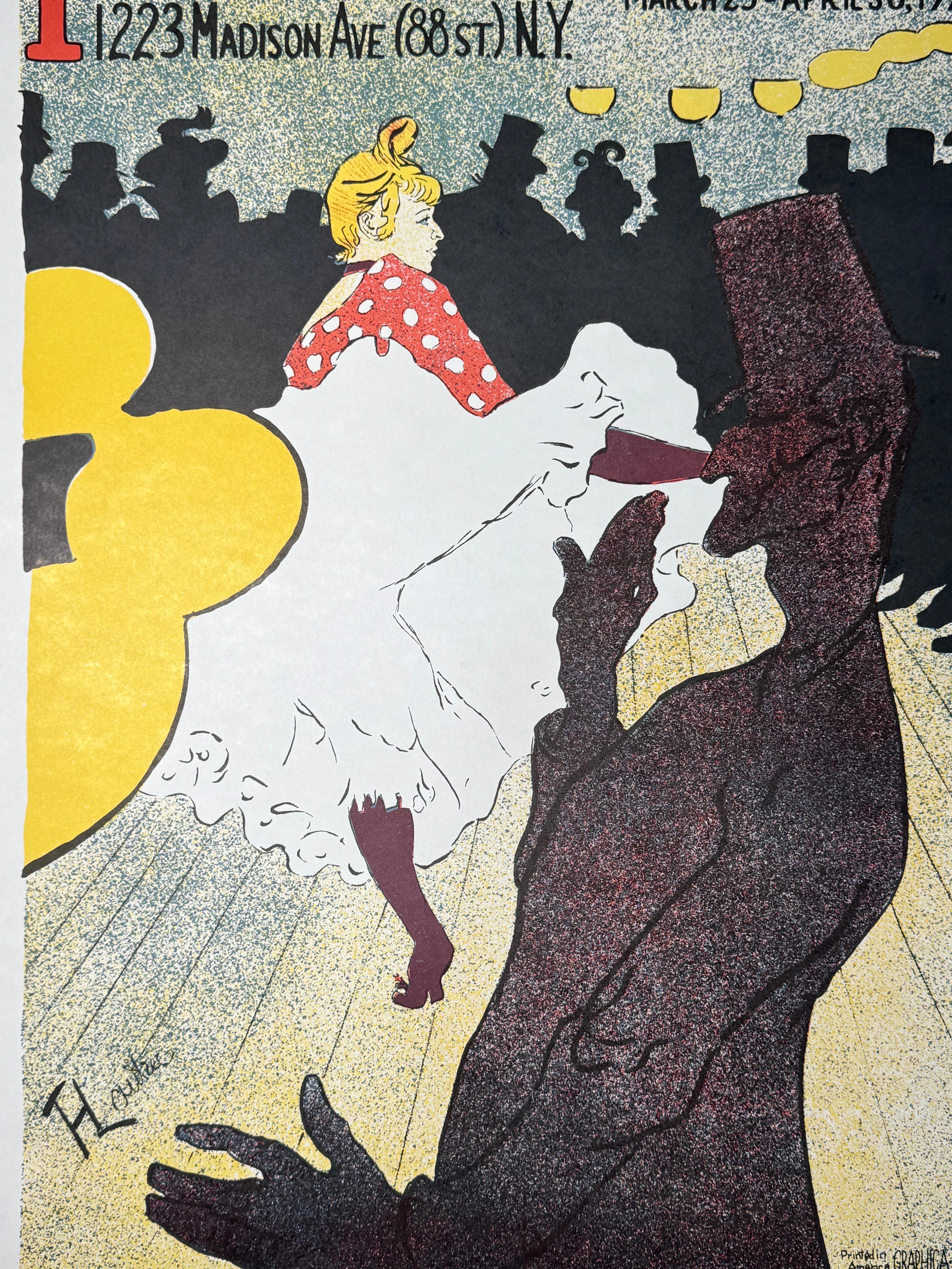 Great vintage 1975 print announcing a Henri de Toulouse-Lautrec exhibition at Isselbacher Gallery in New York. This print, depicting one of Toulouse-Lautrec's most famouse works; 