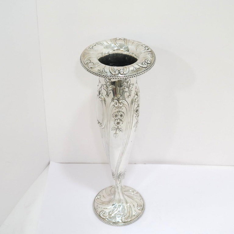 Sterling Silver Shreve and Co. Antique Floral Tall Vase For Sale at 1stDibs