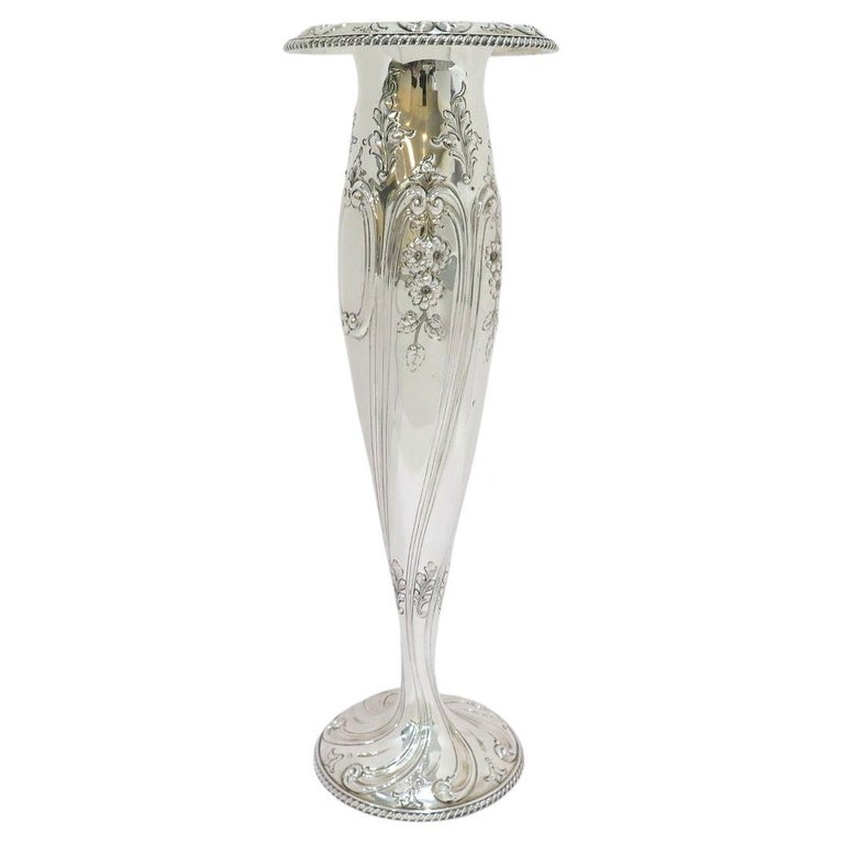 Sterling Silver Shreve and Co. Antique Floral Tall Vase For Sale at 1stDibs