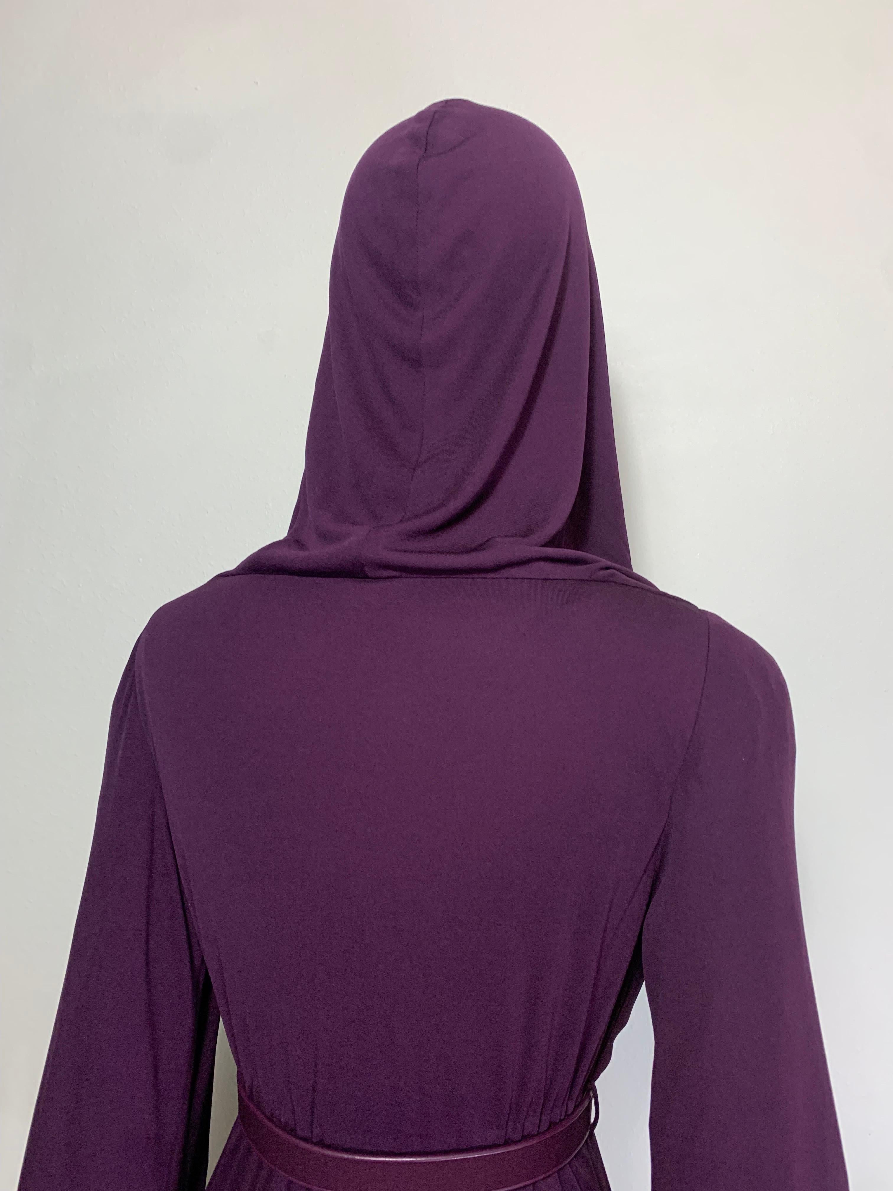 1975 James Galanos Dramatic Aubergine Jersey Maxi Gown w Fabulous Draped Hood For Sale 6