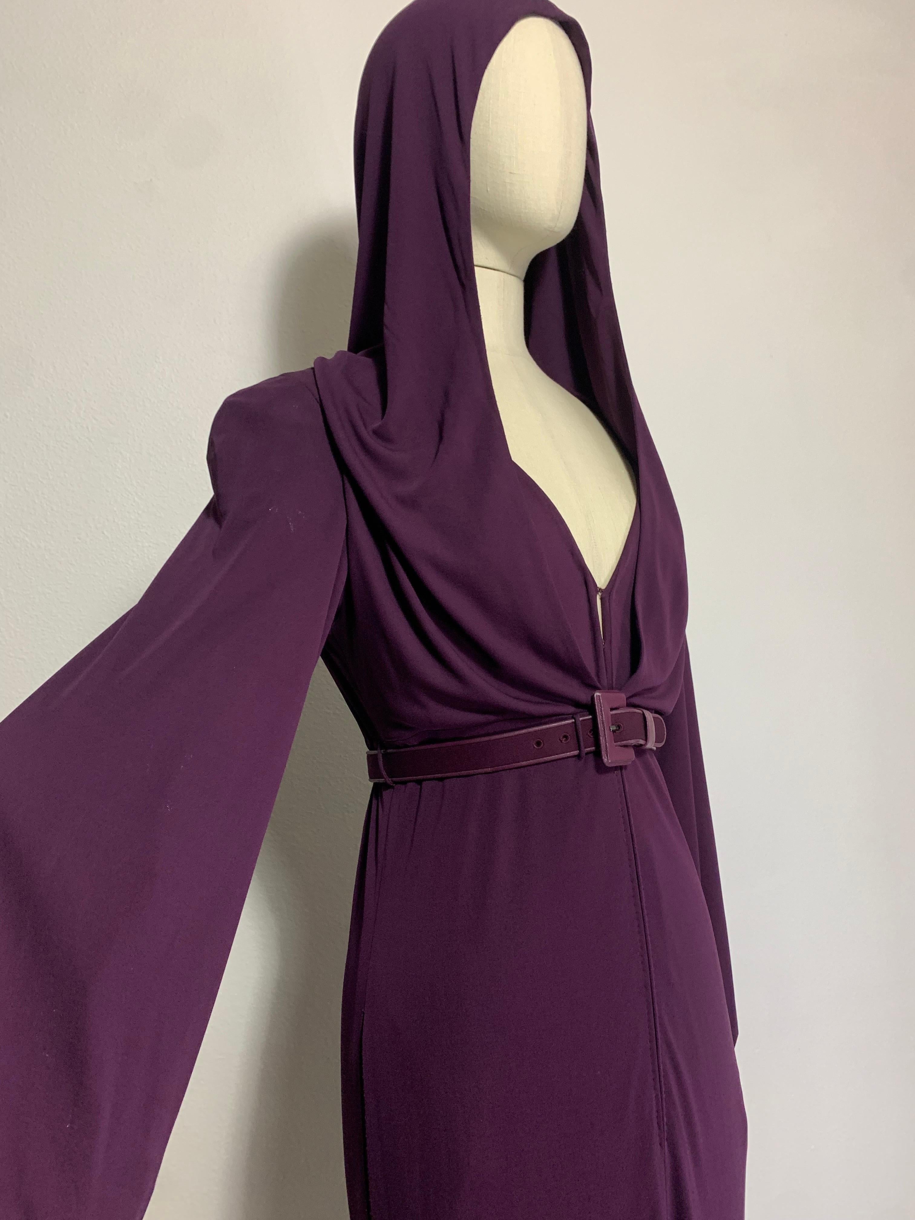 1975 James Galanos Dramatic Aubergine Jersey Maxi Gown w Fabulous Draped Hood For Sale 7