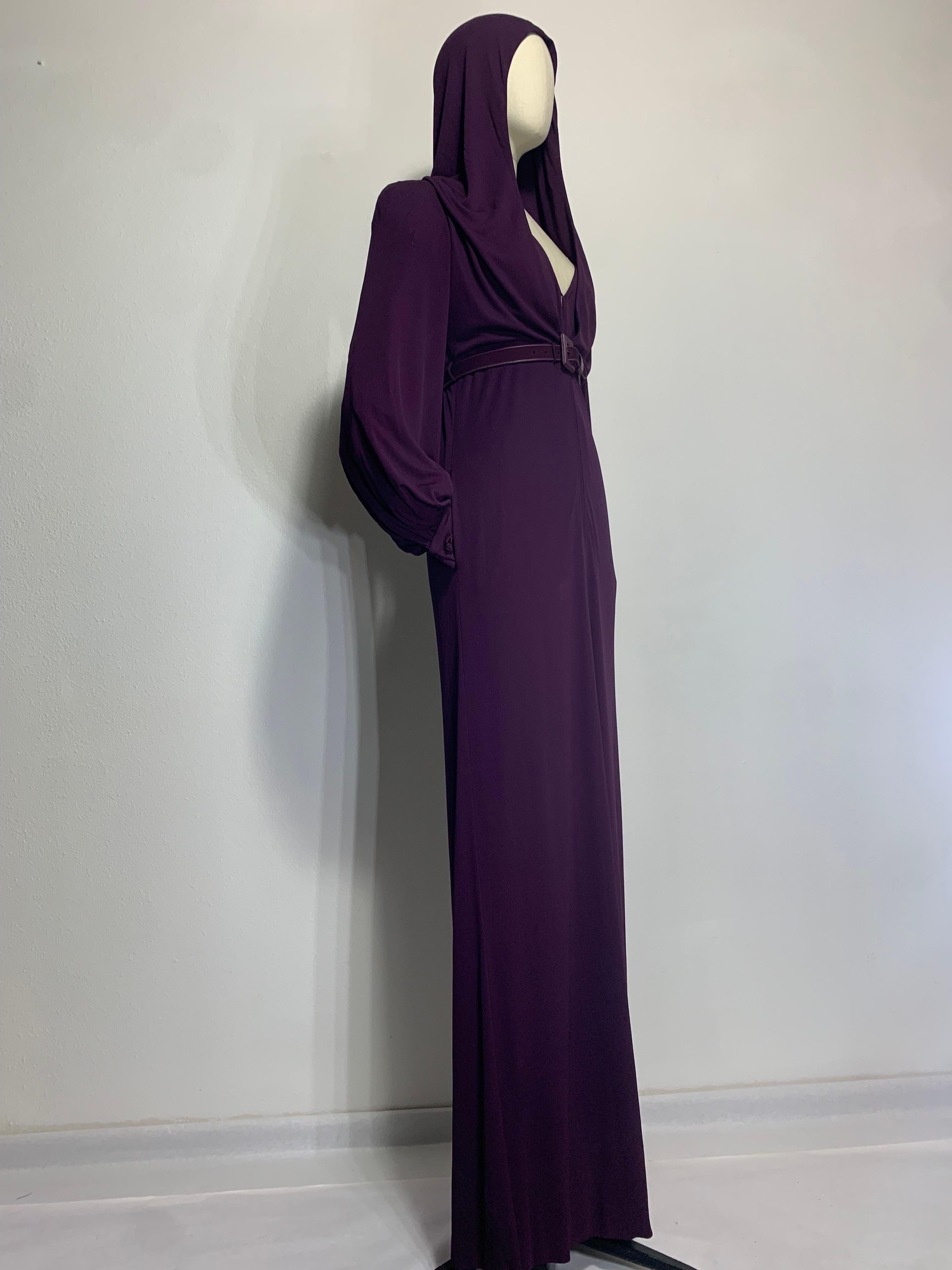 1975 James Galanos Dramatic Aubergine Jersey Maxi Gown w Fabulous Draped Hood For Sale 9