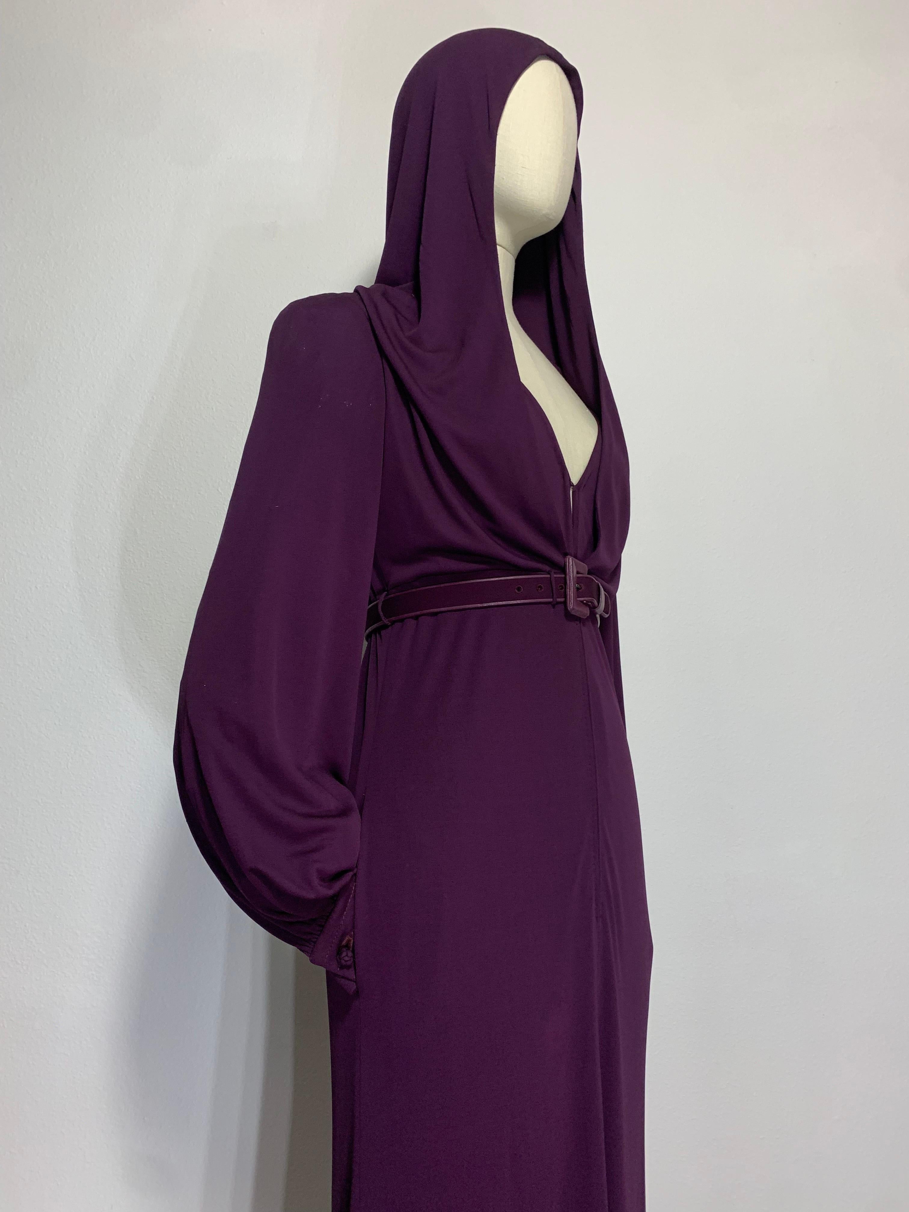 1975 James Galanos Dramatic Aubergine Jersey Maxi Gown w Fabulous Draped Hood For Sale 10