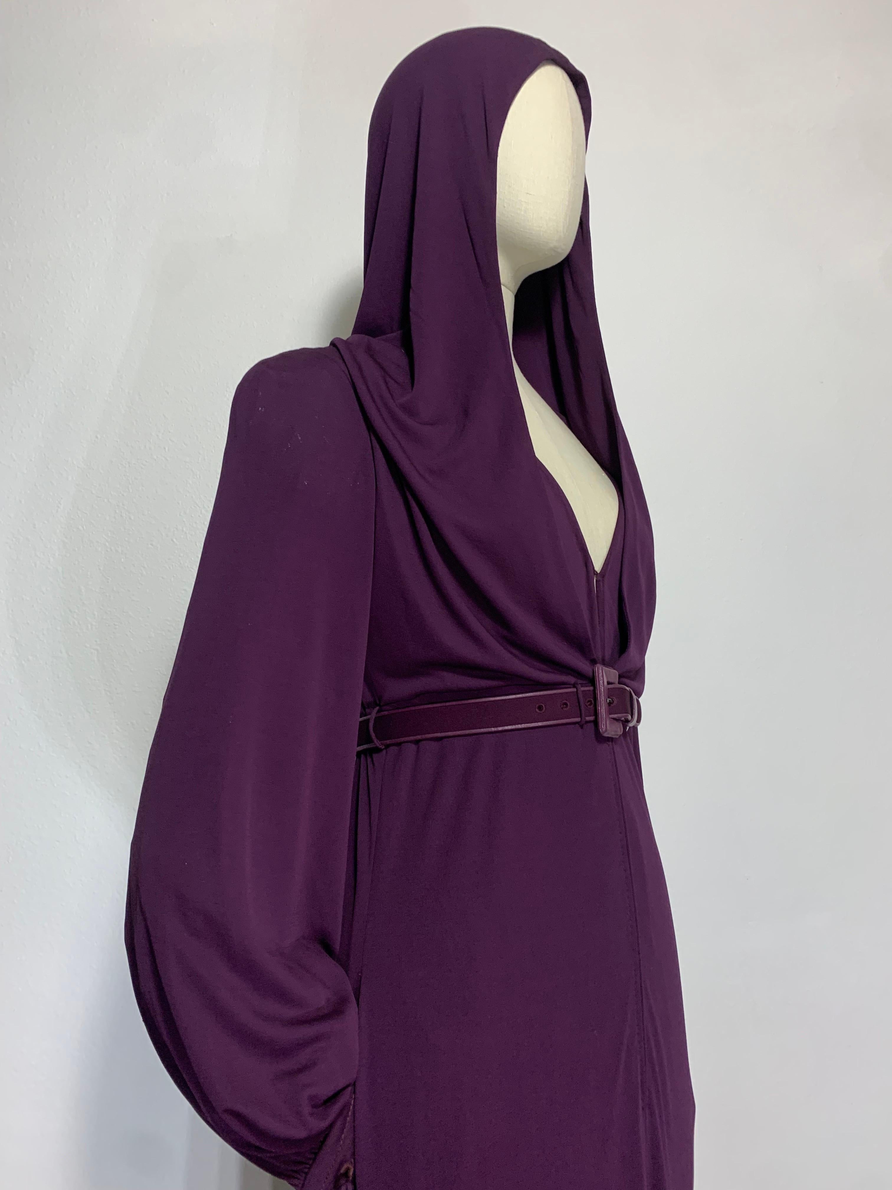 1975 James Galanos Dramatic Aubergine Jersey Maxi Gown w Fabulous Draped Hood For Sale 11