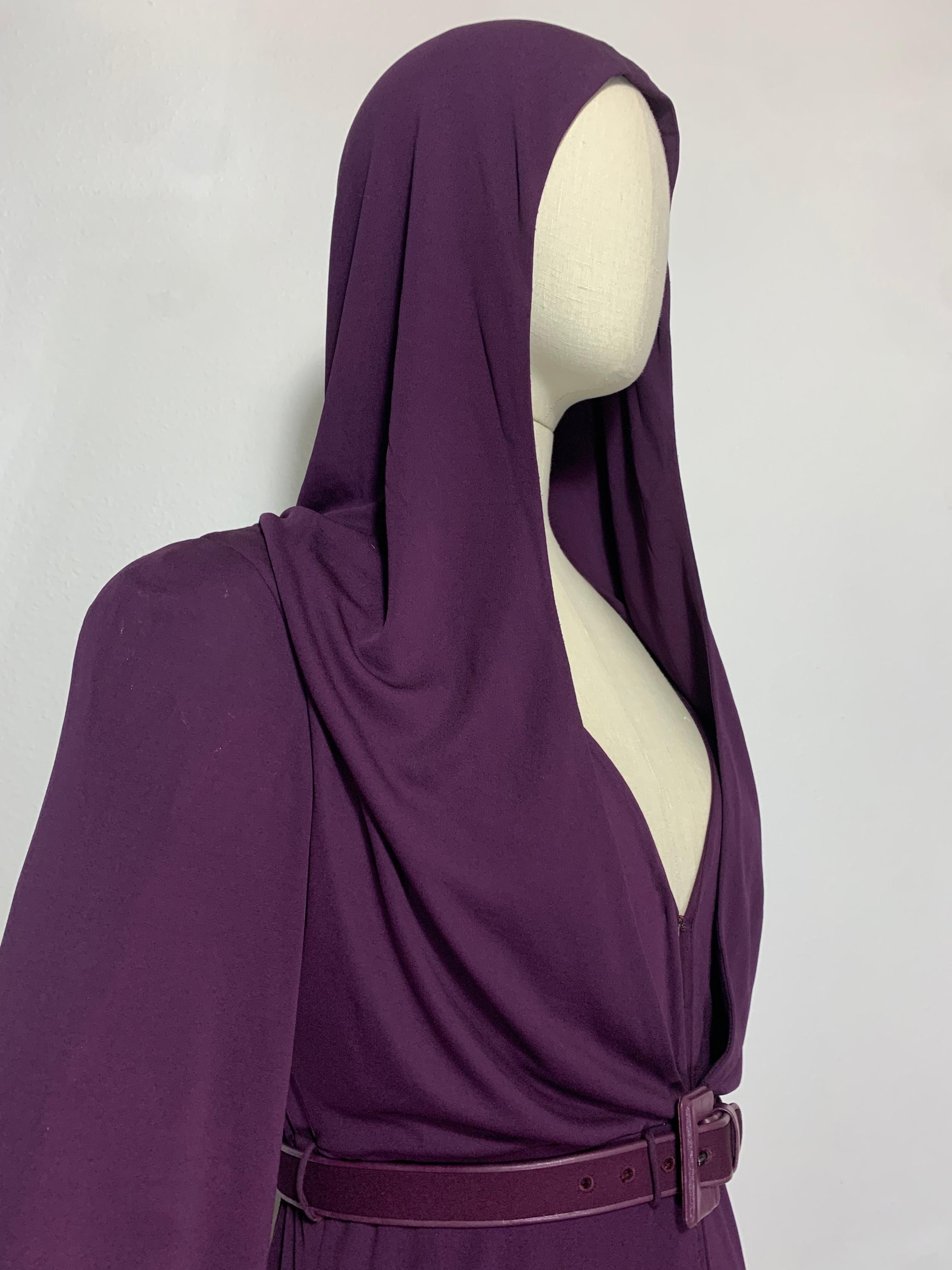 1975 James Galanos Dramatic Aubergine Jersey Maxi Gown w Fabulous Draped Hood For Sale 12