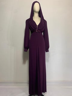 James Galanos dramatique robe longue en jersey d'aubergine avec fabuleux capuche drapée, 1975
