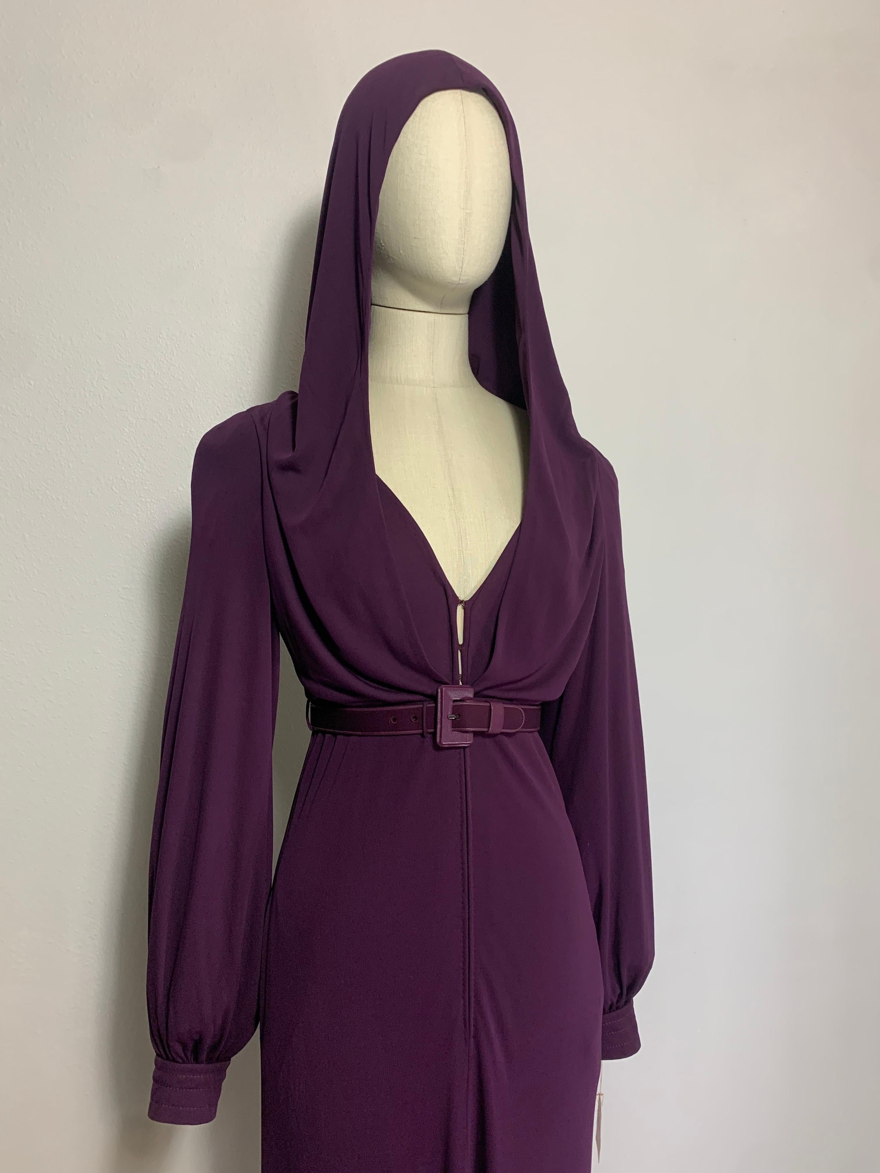 1975 James Galanos Dramatic Aubergine Jersey Maxi Gown w Fabulous Draped Hood In New Condition For Sale In Gresham, OR