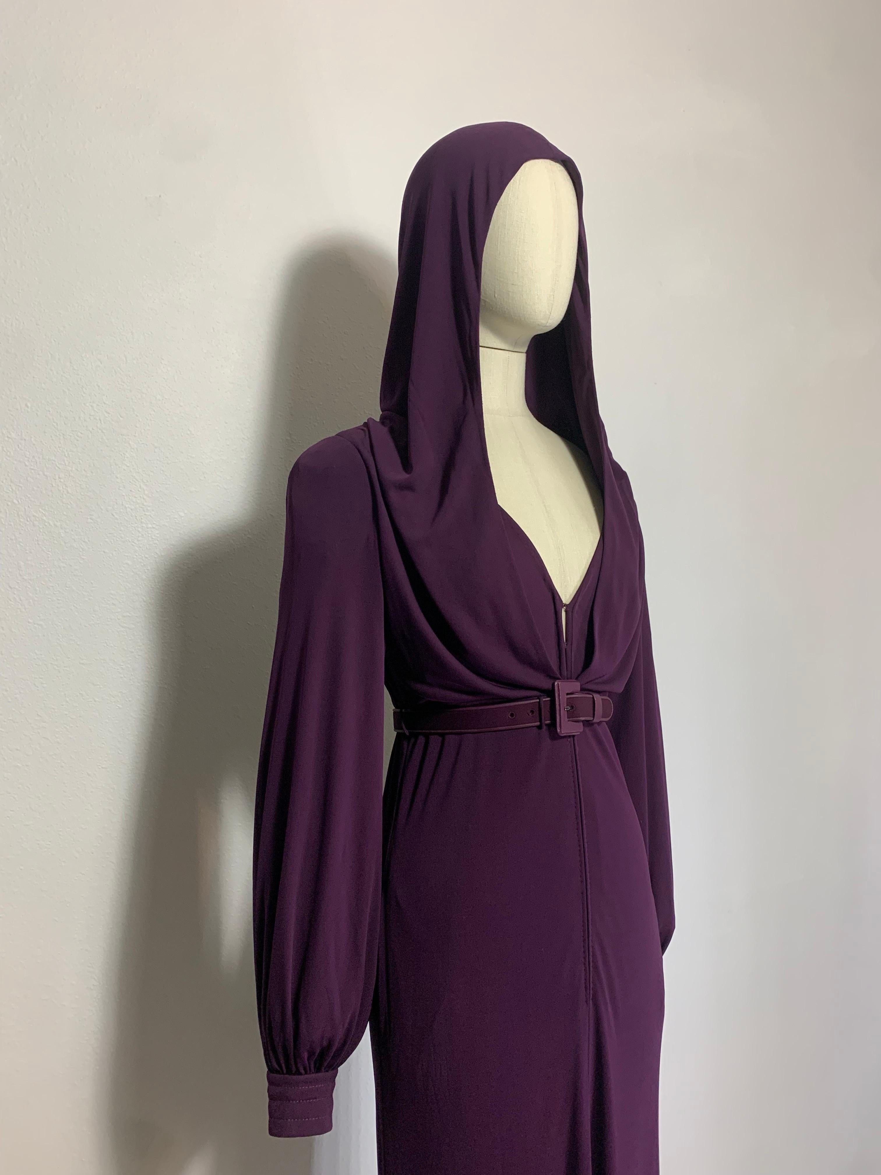 Women's 1975 James Galanos Dramatic Aubergine Jersey Maxi Gown w Fabulous Draped Hood For Sale