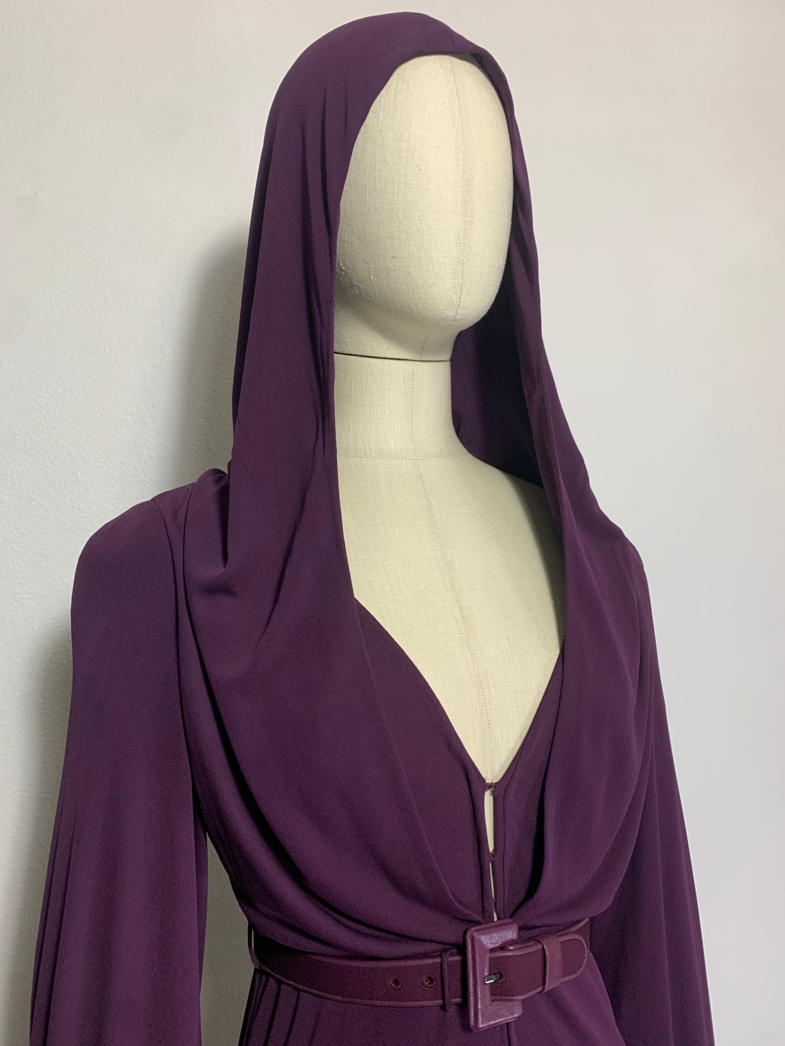 1975 James Galanos Dramatic Aubergine Jersey Maxi Gown w Fabulous Draped Hood For Sale 1