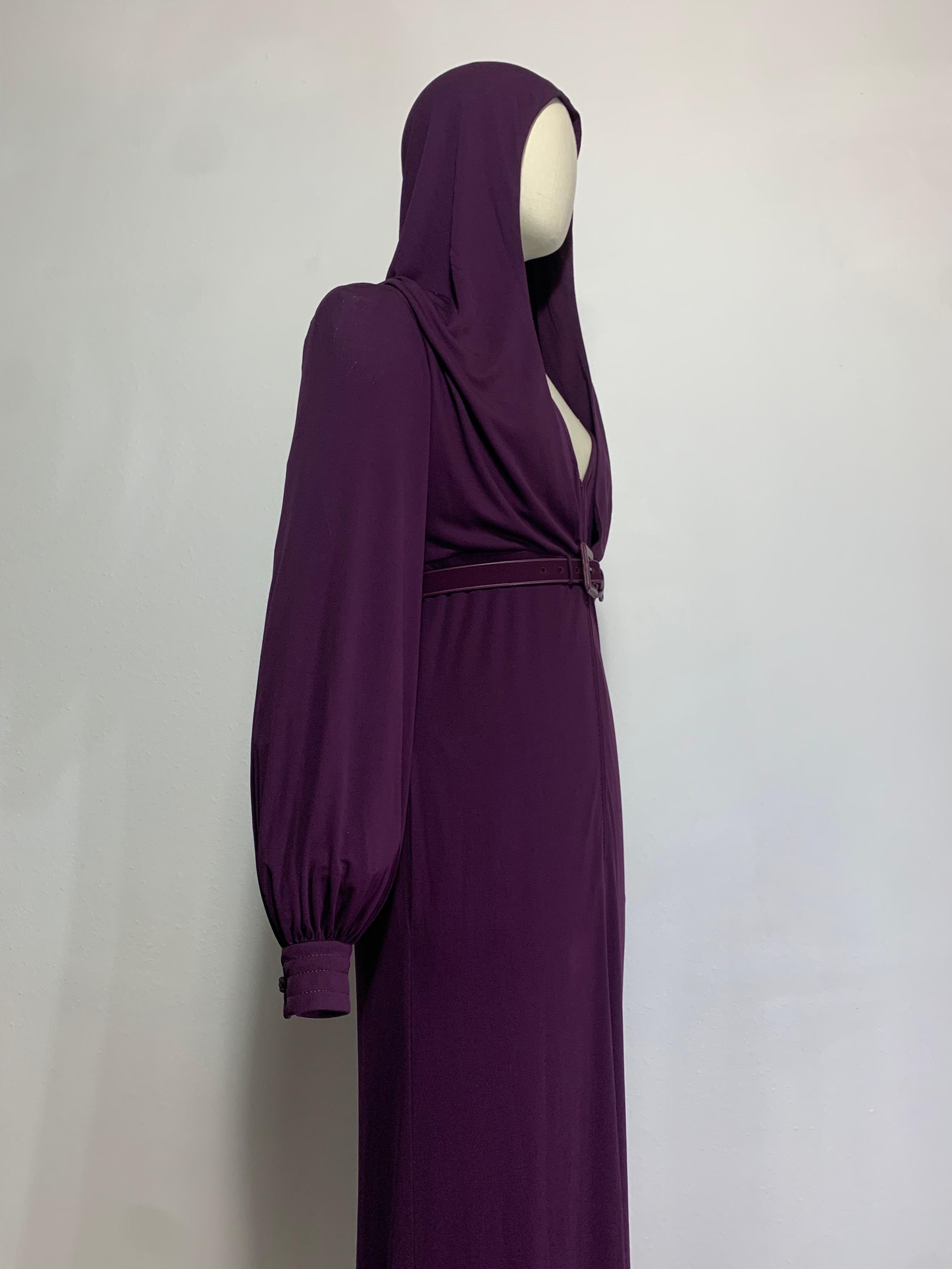 1975 James Galanos Dramatic Aubergine Jersey Maxi Gown w Fabulous Draped Hood For Sale 3