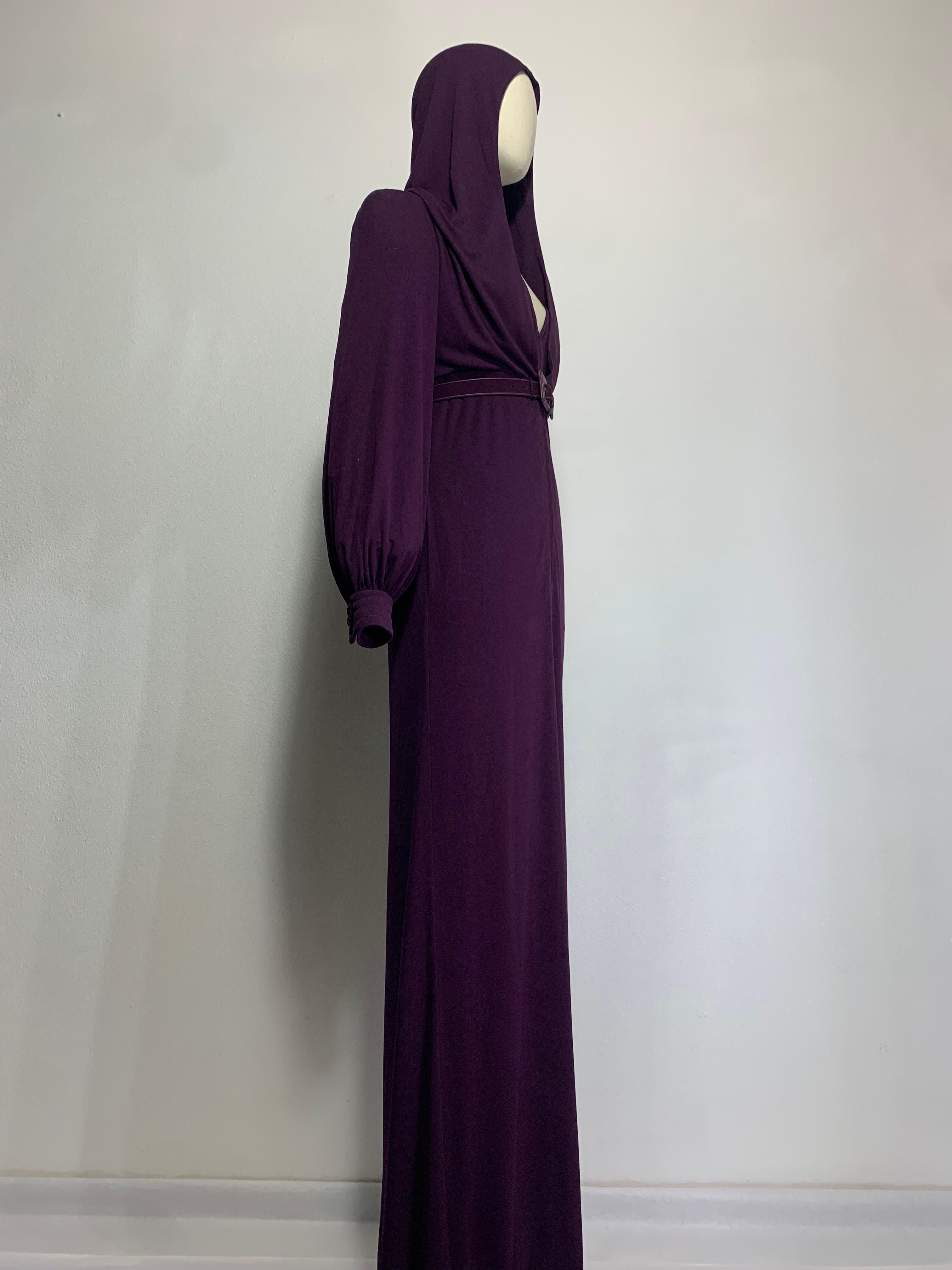 1975 James Galanos Dramatic Aubergine Jersey Maxi Gown w Fabulous Draped Hood For Sale 4