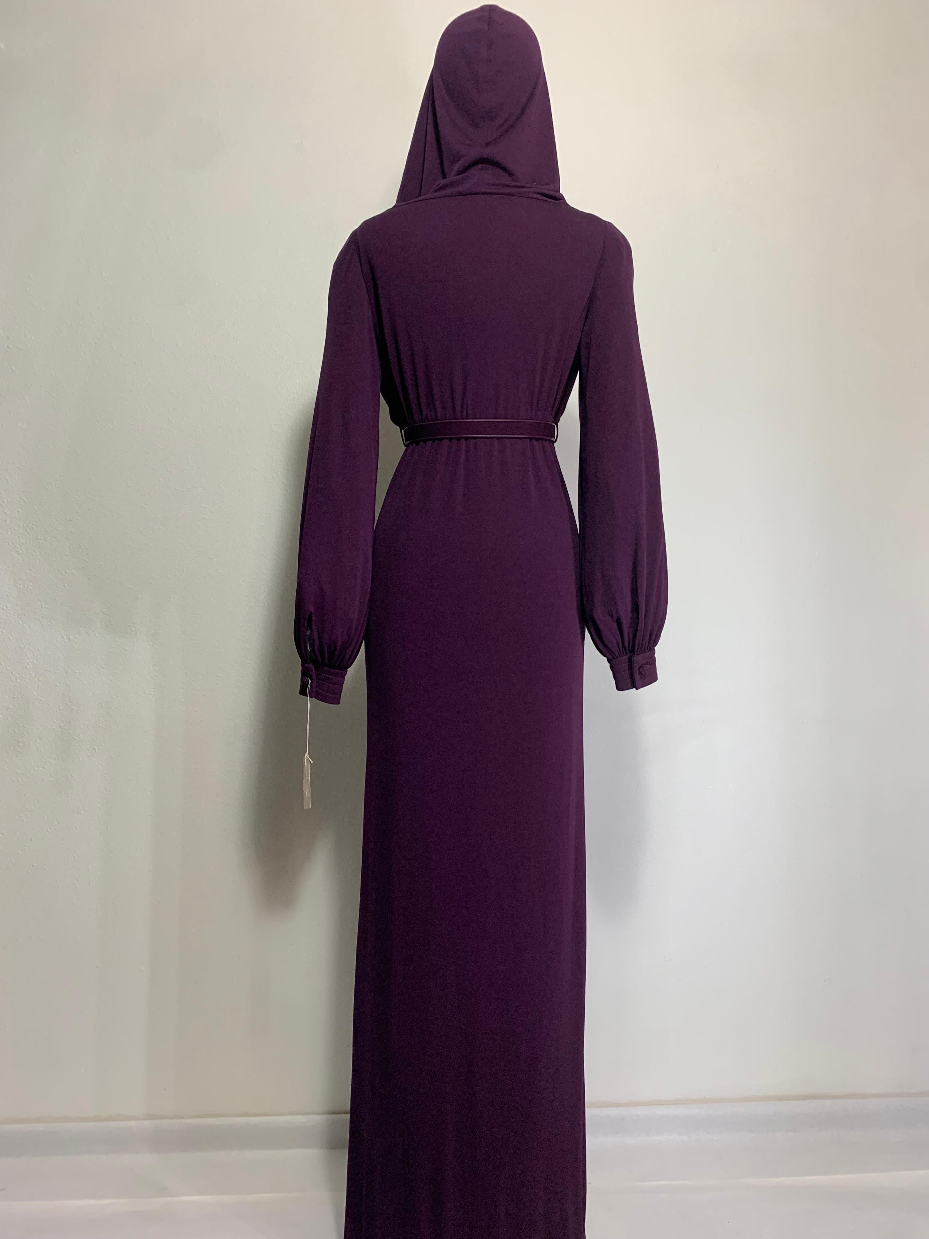1975 James Galanos Dramatic Aubergine Jersey Maxi Gown w Fabulous Draped Hood For Sale 5