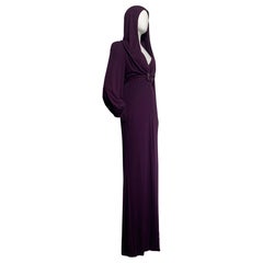 1975 James Galanos Dramatic Aubergine Jersey Maxi Gown w Fabulous Draped Hood