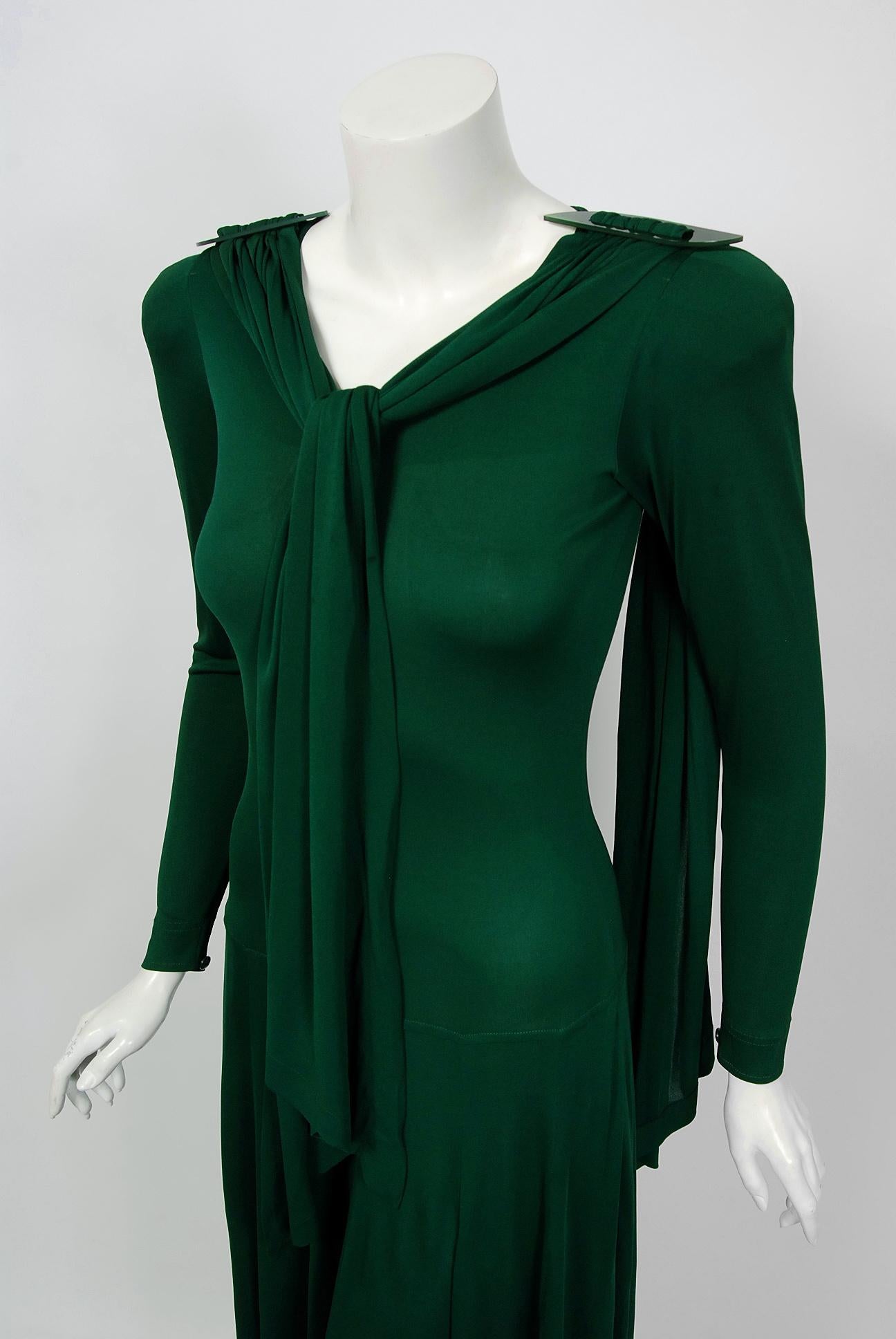 Black 1975 Jean Muir Forest-Green Jersey Scarf-Tie Buckles Winged Back Maxi Dress