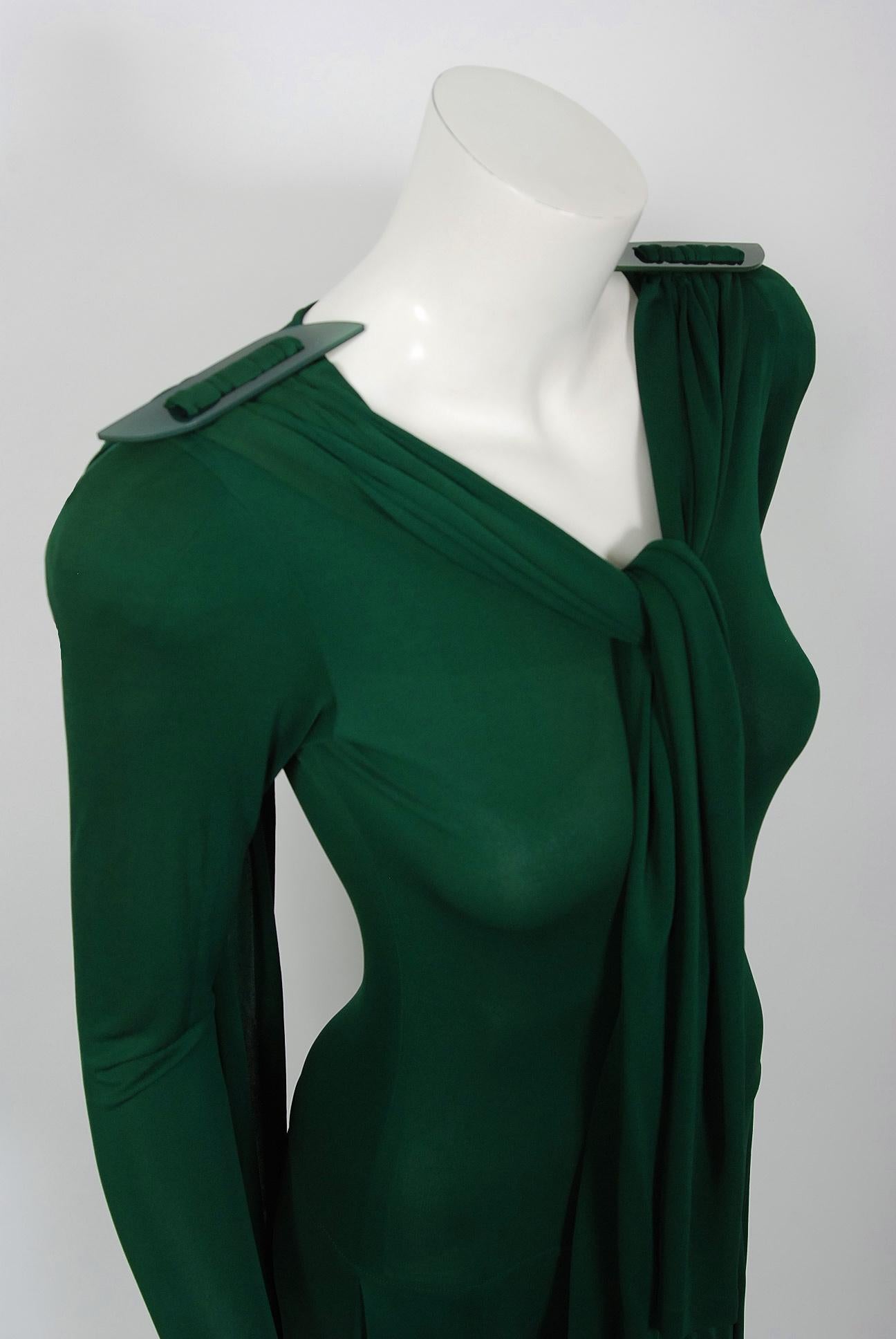 1975 Jean Muir Forest-Green Jersey Scarf-Tie Buckles Winged Back Maxi Dress In Good Condition In Beverly Hills, CA