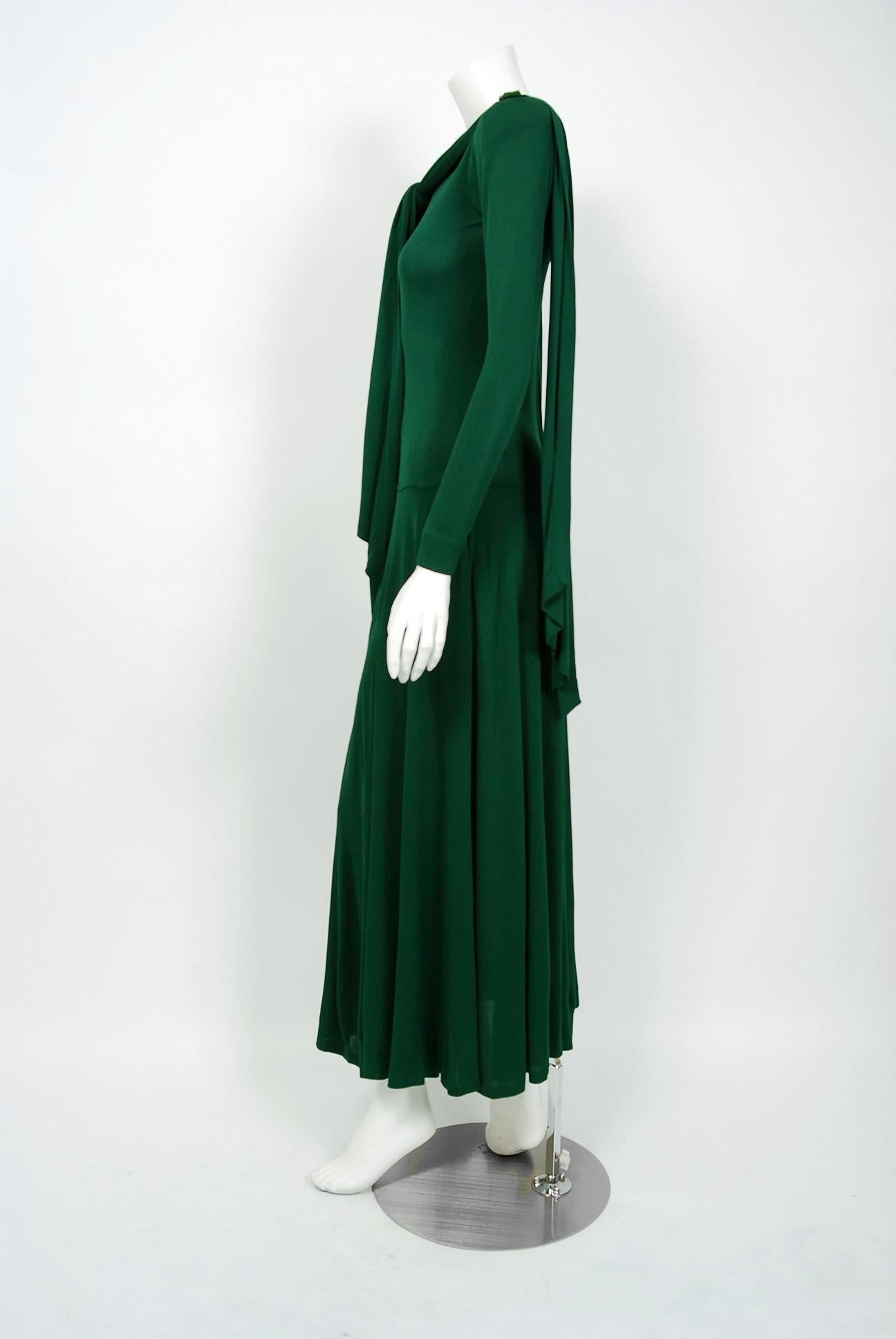 Women's 1975 Jean Muir Forest-Green Jersey Scarf-Tie Buckles Winged Back Maxi Dress